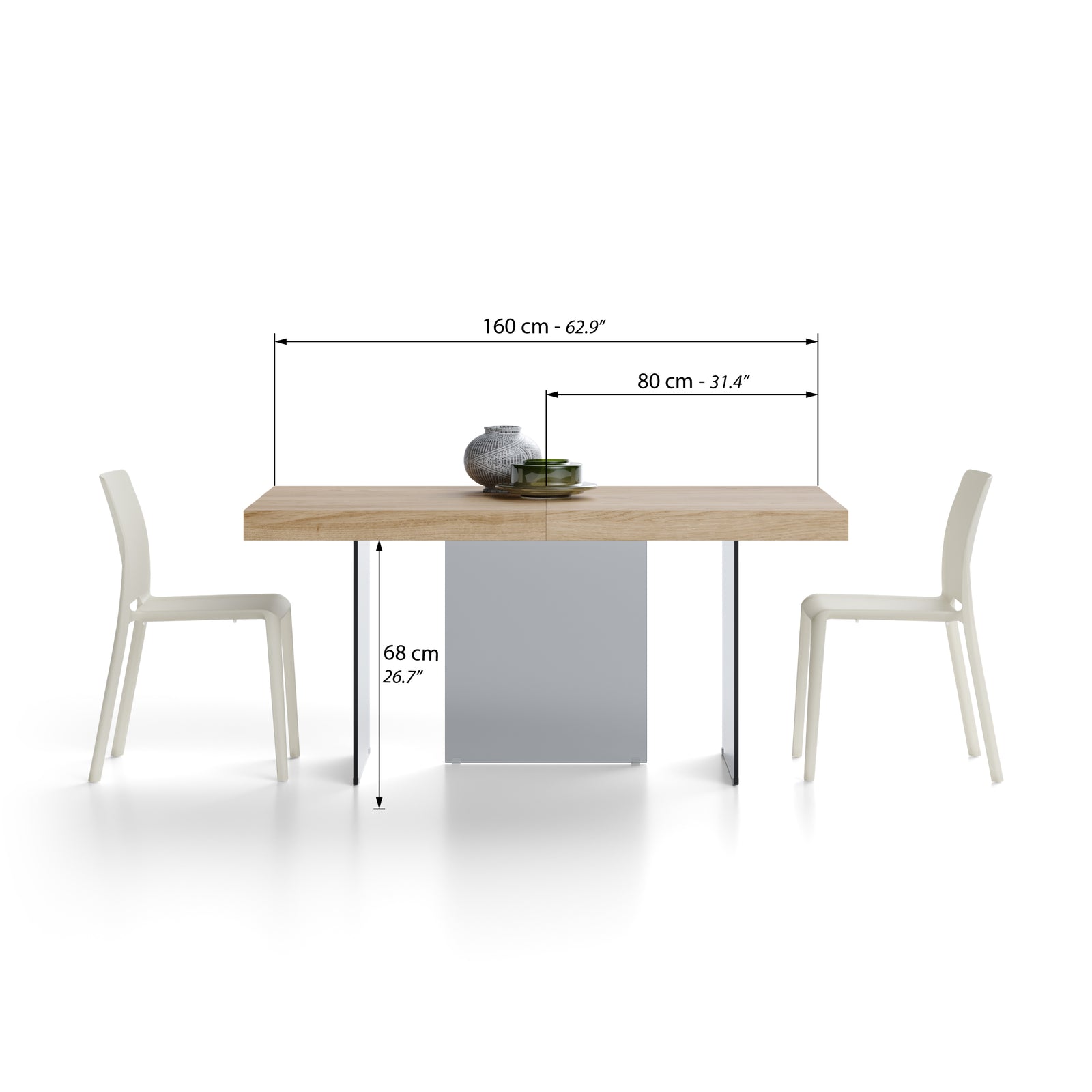 Tavolo allungabile Lia 160(240)x90 cm, Rovere naturale con gambe in vetro fumè - Immagine tecnica 1