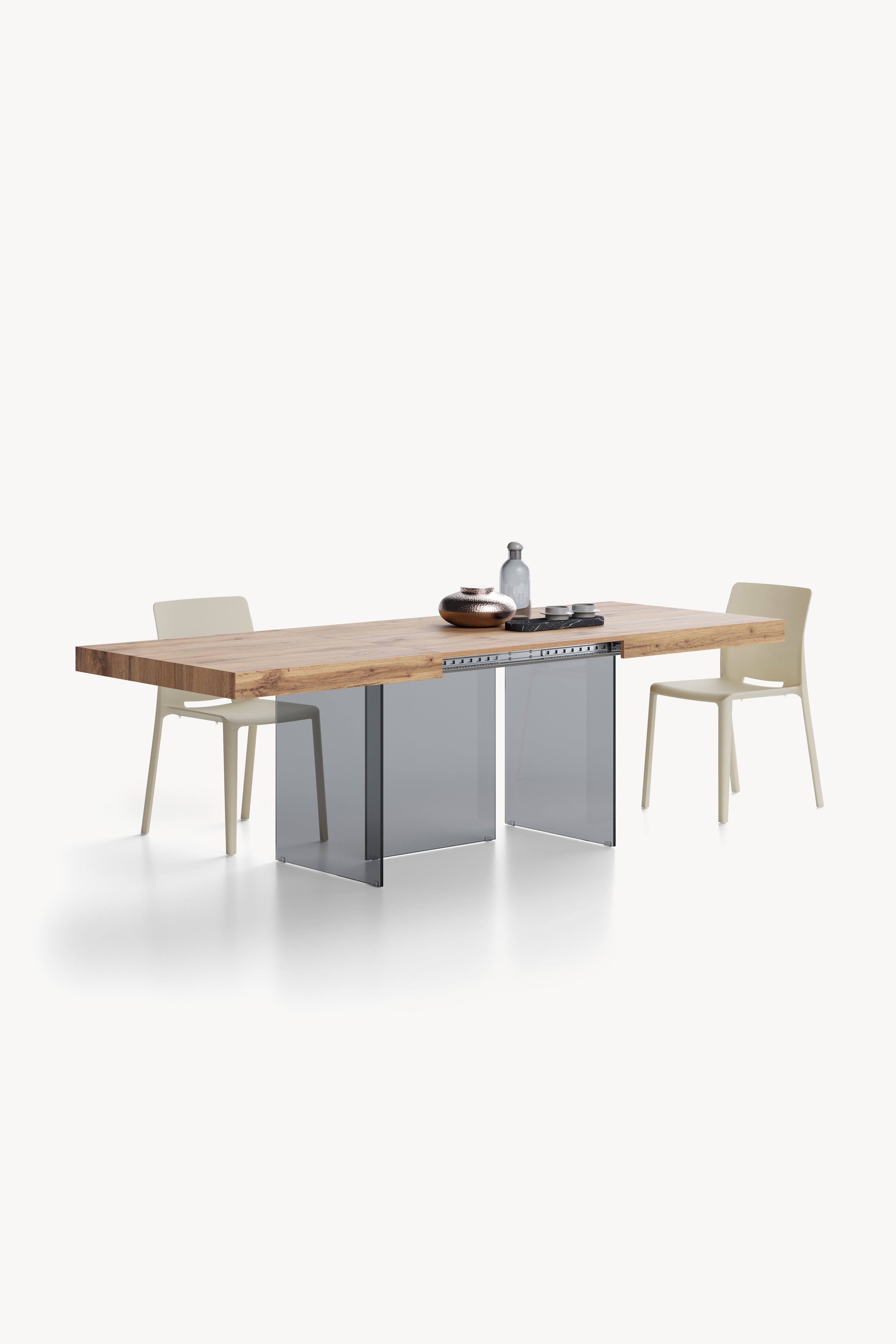 Tavolo allungabile Lia 160(240)x90 cm, Rovere rustico con gambe in vetro fumè - Immagine dettaglio 3