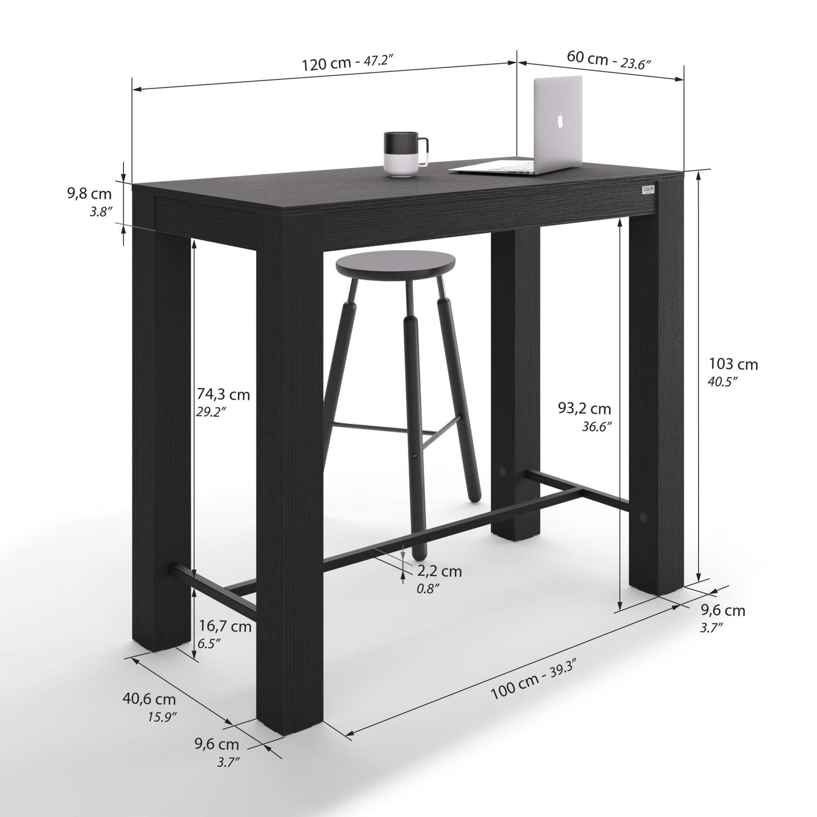 Tavolo Alto Rachele 120x60 cm, Nero Frassino - Immagine tecnica 1
