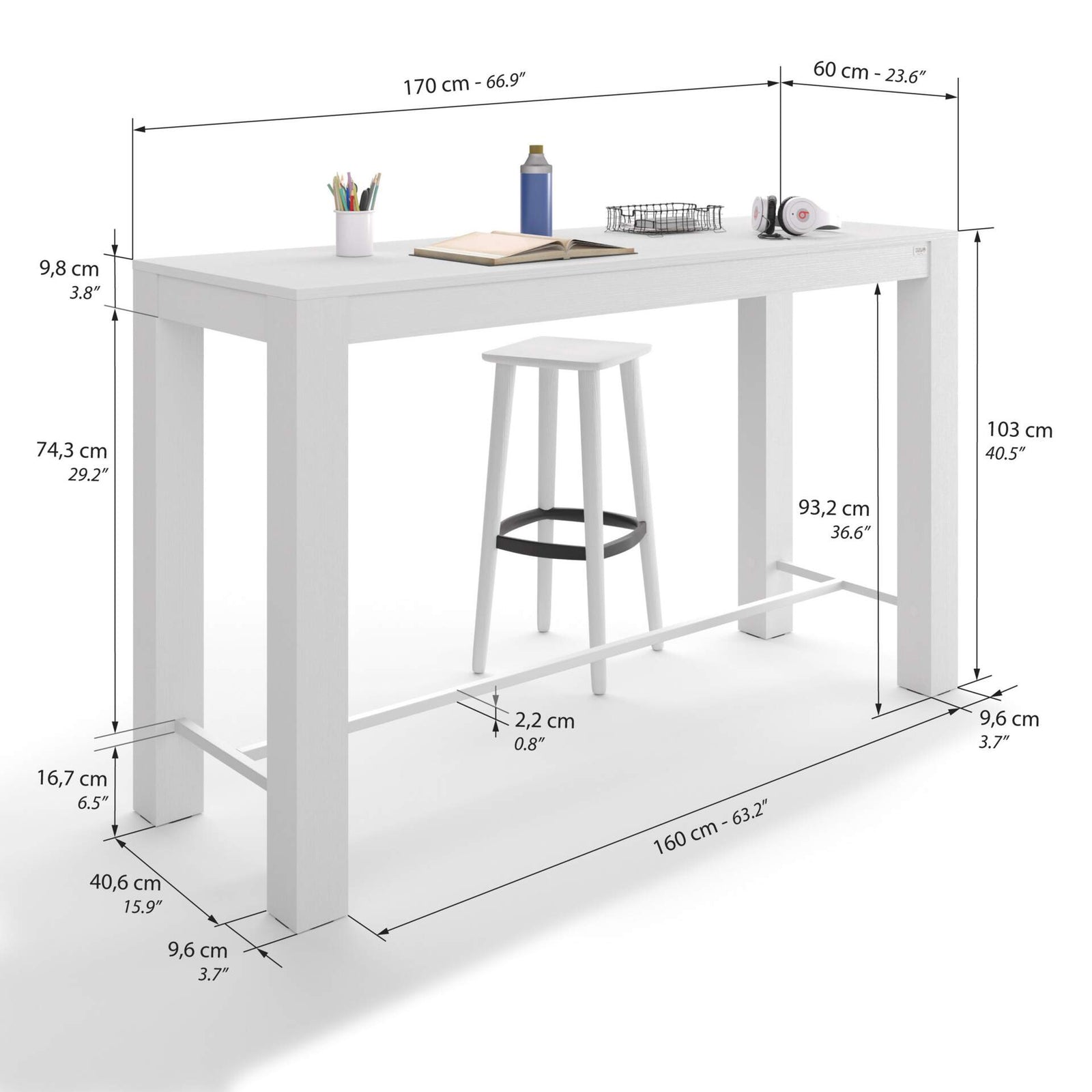 Tavolo Alto Rachele 170x60 cm, Bianco Frassino - Immagine tecnica 1