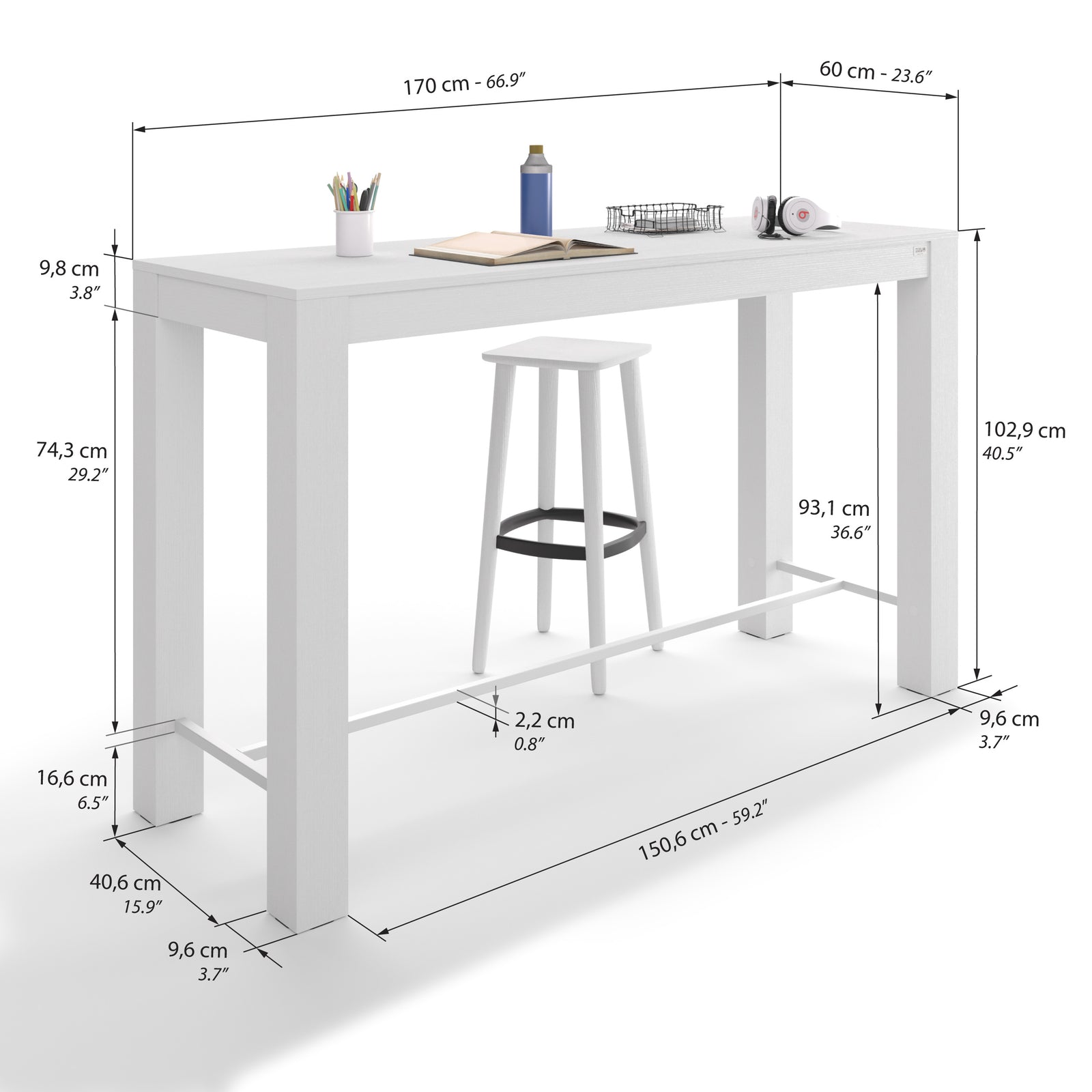 Rachele High Bar Table 170x60 cm, Ashwood White - Immagine tecnica 1
