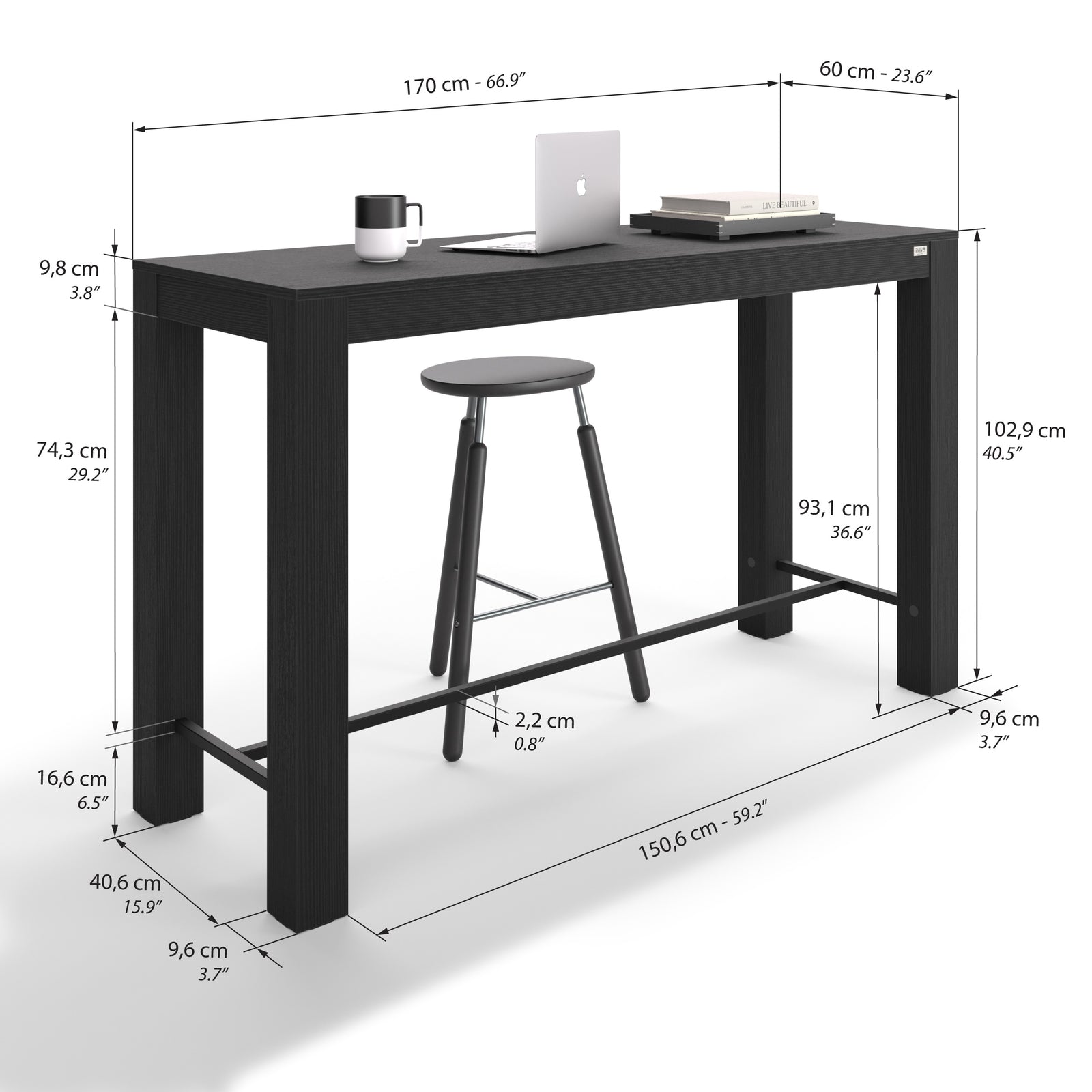 Rachele High Bar Table 66.9 x 23.6 in, Ashwood Black - Immagine tecnica 1