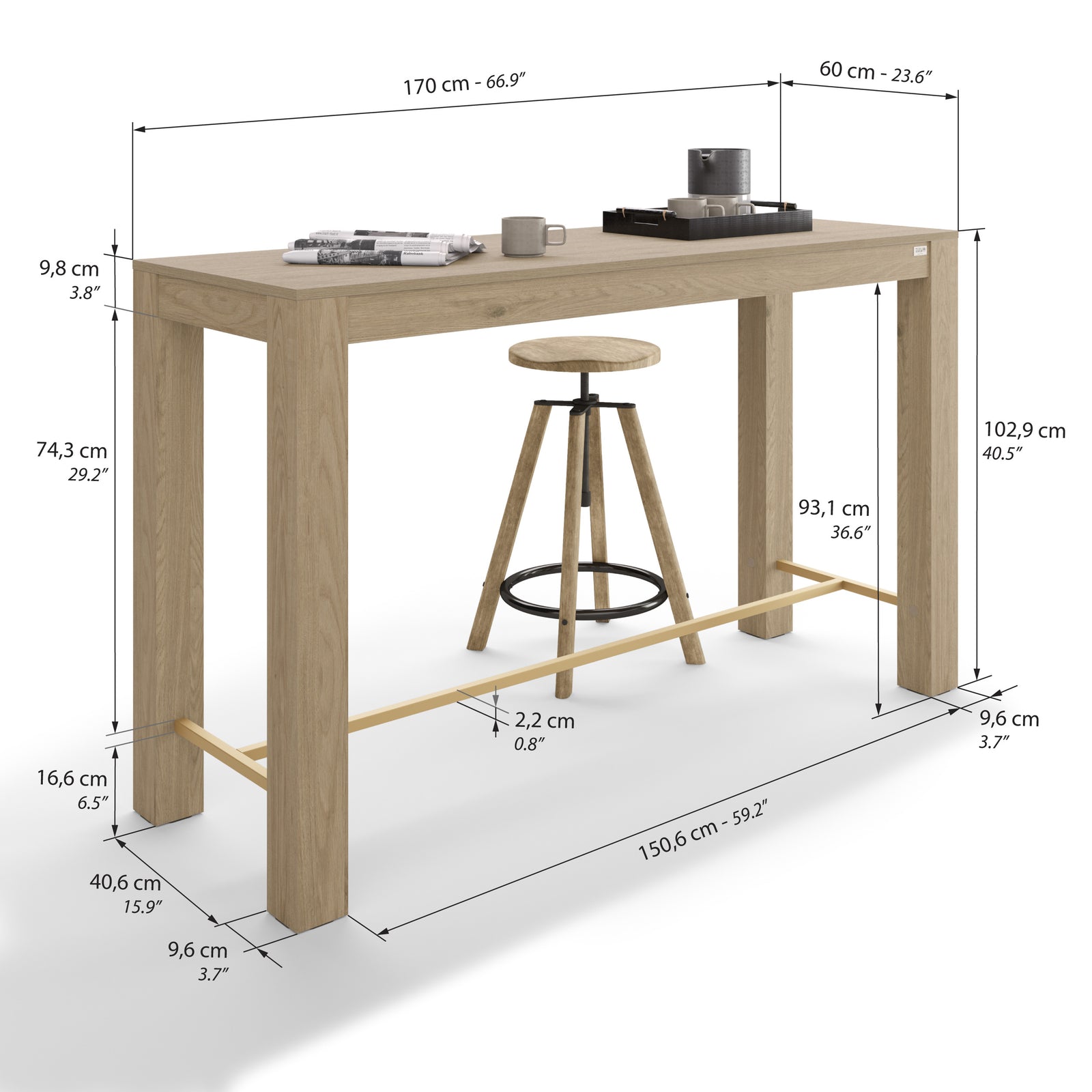 Rachele High Bar Table 66.9 x 23.6 in, Light Oak - Immagine tecnica 1