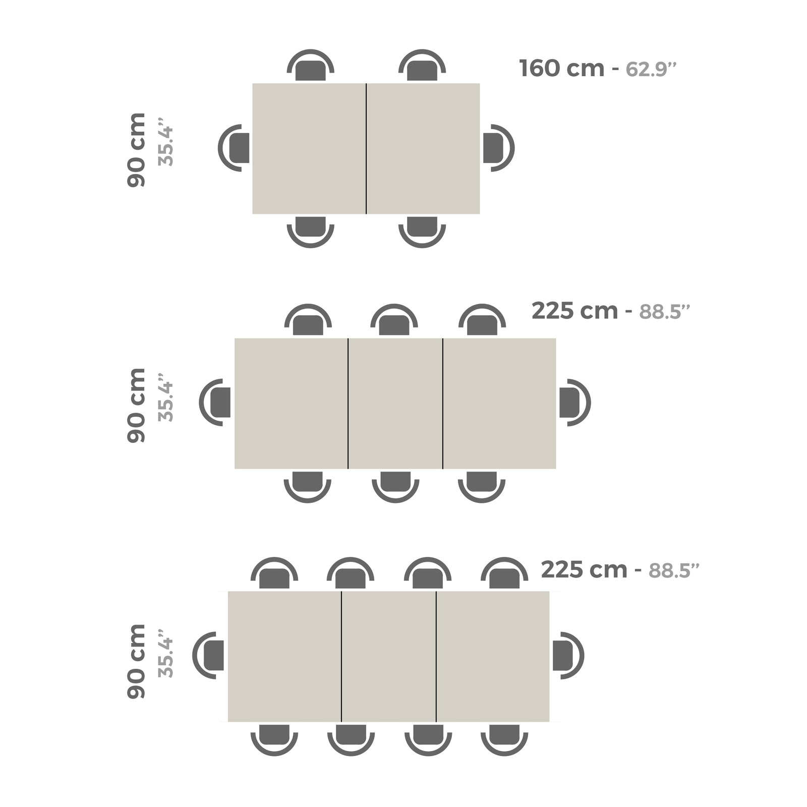 Ausziehbarer Tisch Rachele 160(225)x90 cm + 2 ausziehbare Bänke Rachele 140(192,5)x45 cm, Esche Zwart - Immagine tecnica 5