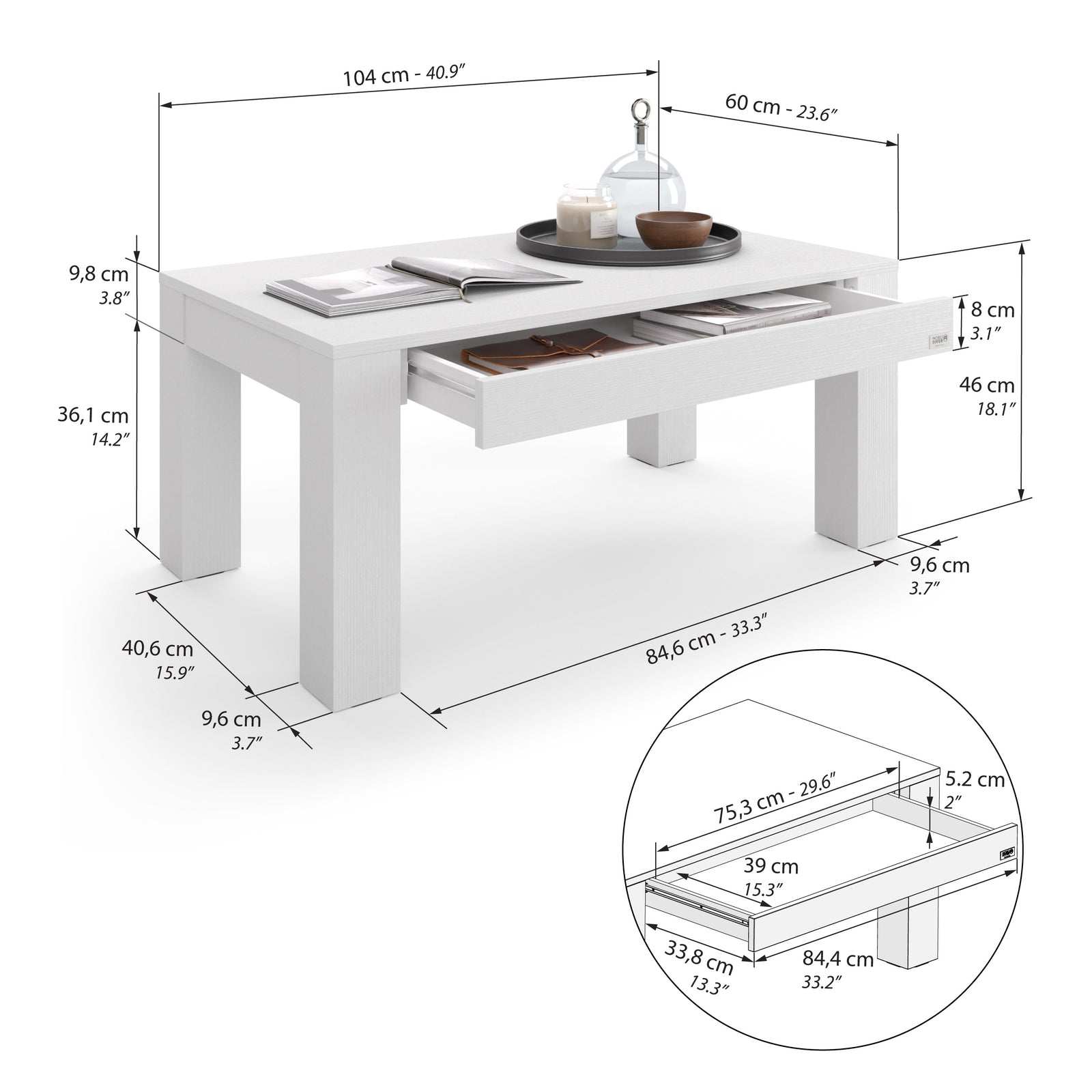 Mesa de centro Rachele, 104x60 cm, Fresno Blanco - Immagine tecnica 1