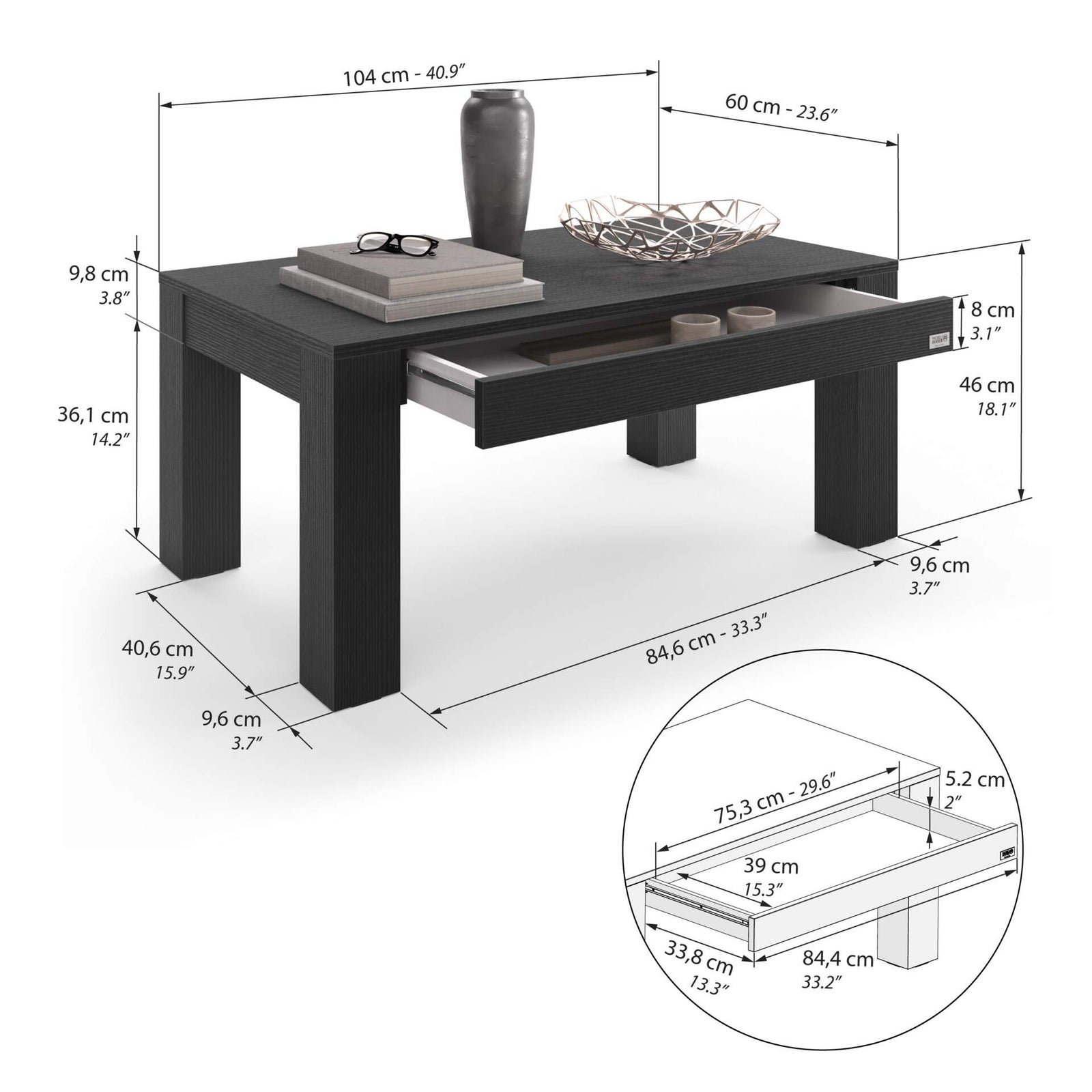 Couchtisch Rachele 104x60 cm, Esche Zwart - Immagine tecnica 1