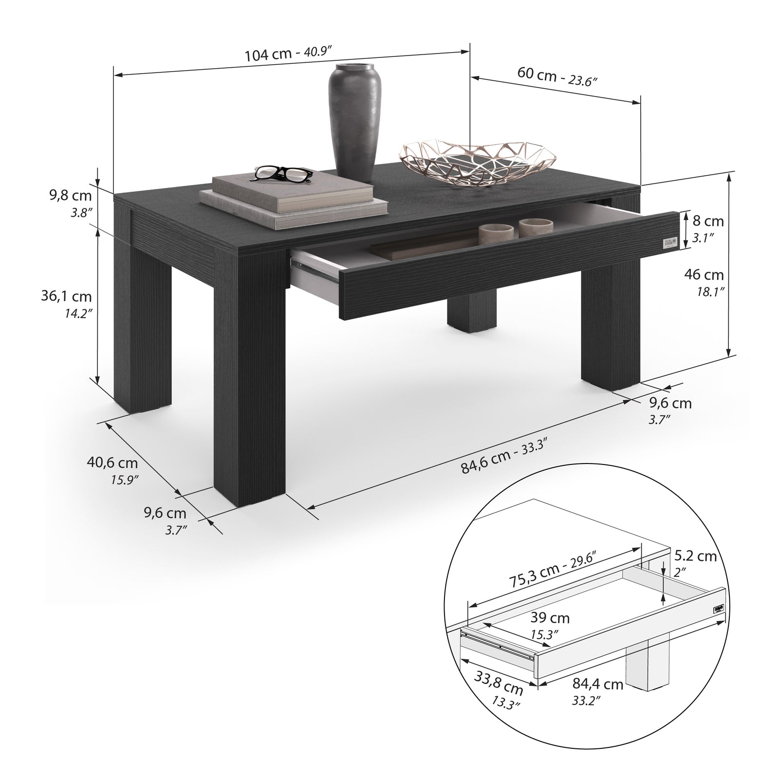 Mesa de centro Rachele, 104x60 cm, Fresno Negro - Immagine tecnica 1