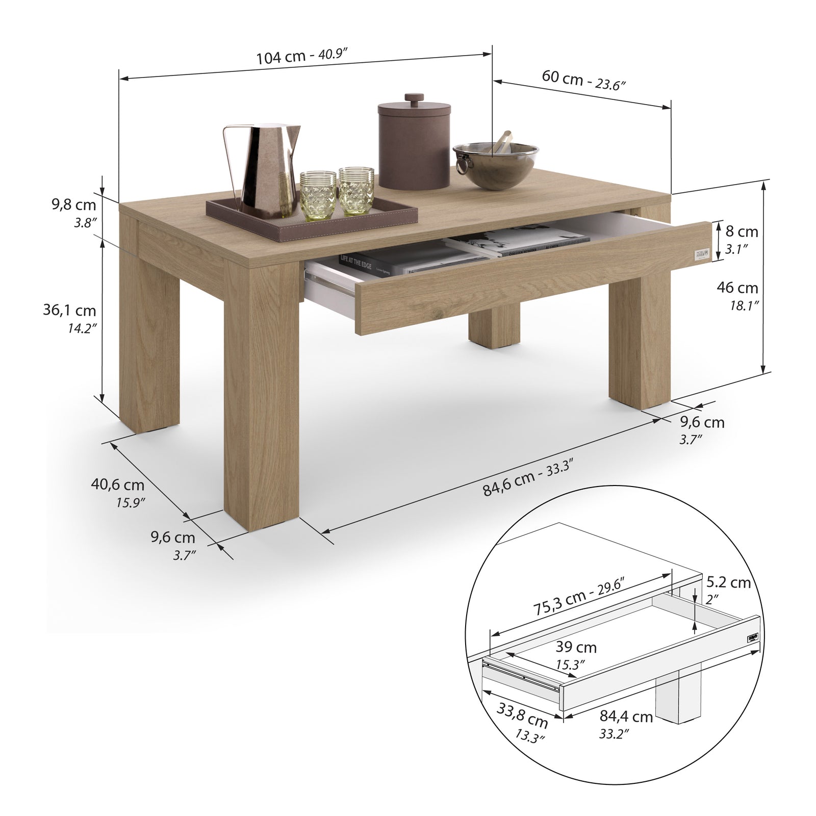 Măsuță de cafea Rachele 104x60 cm, Stejar Natural - Immagine tecnica 1