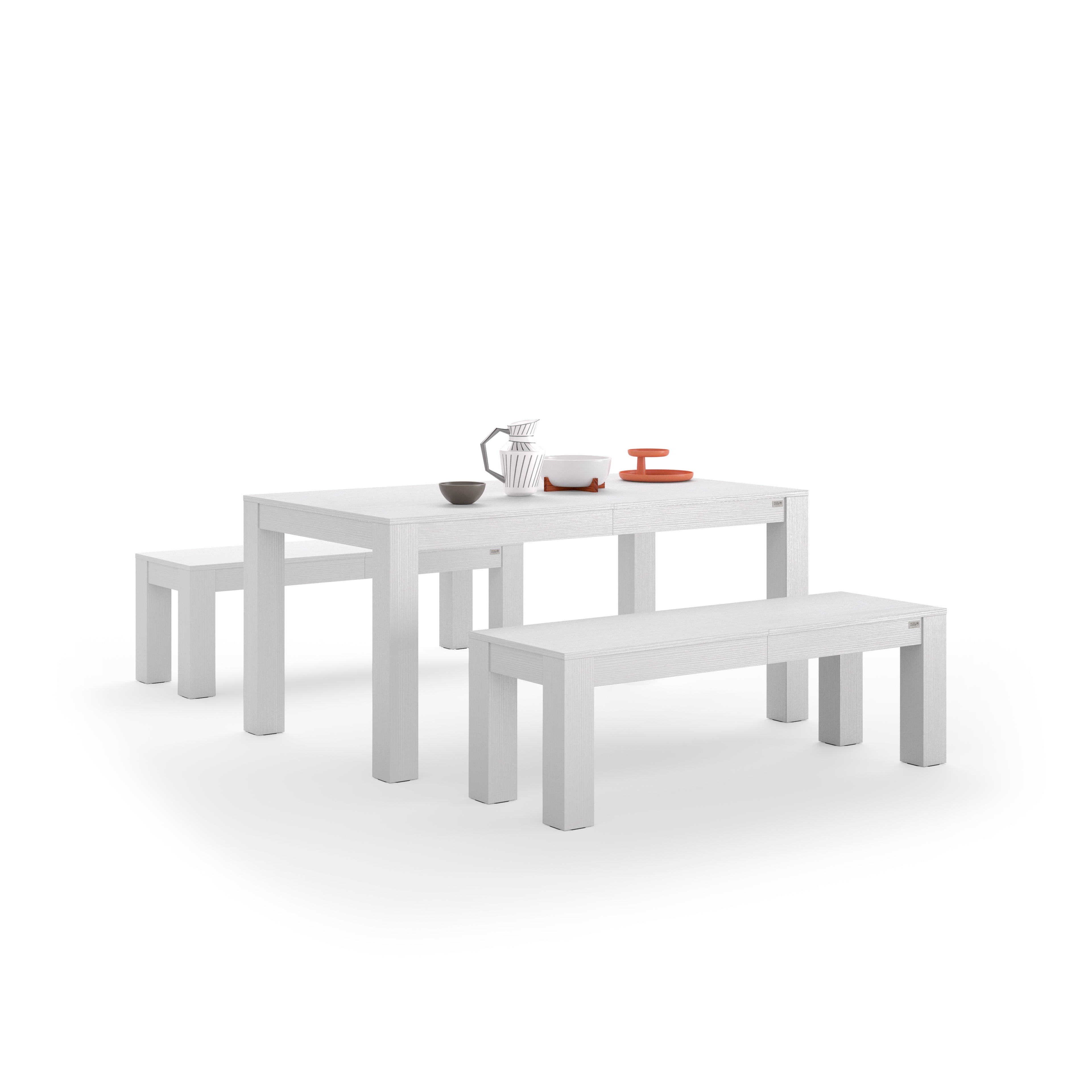 Uitschuifbare tafel Rachele 160(225)x90 cm + 2 uitschuifbare banken Rachele 140(192,5)x45 cm, Wit Essen - Detail image 2