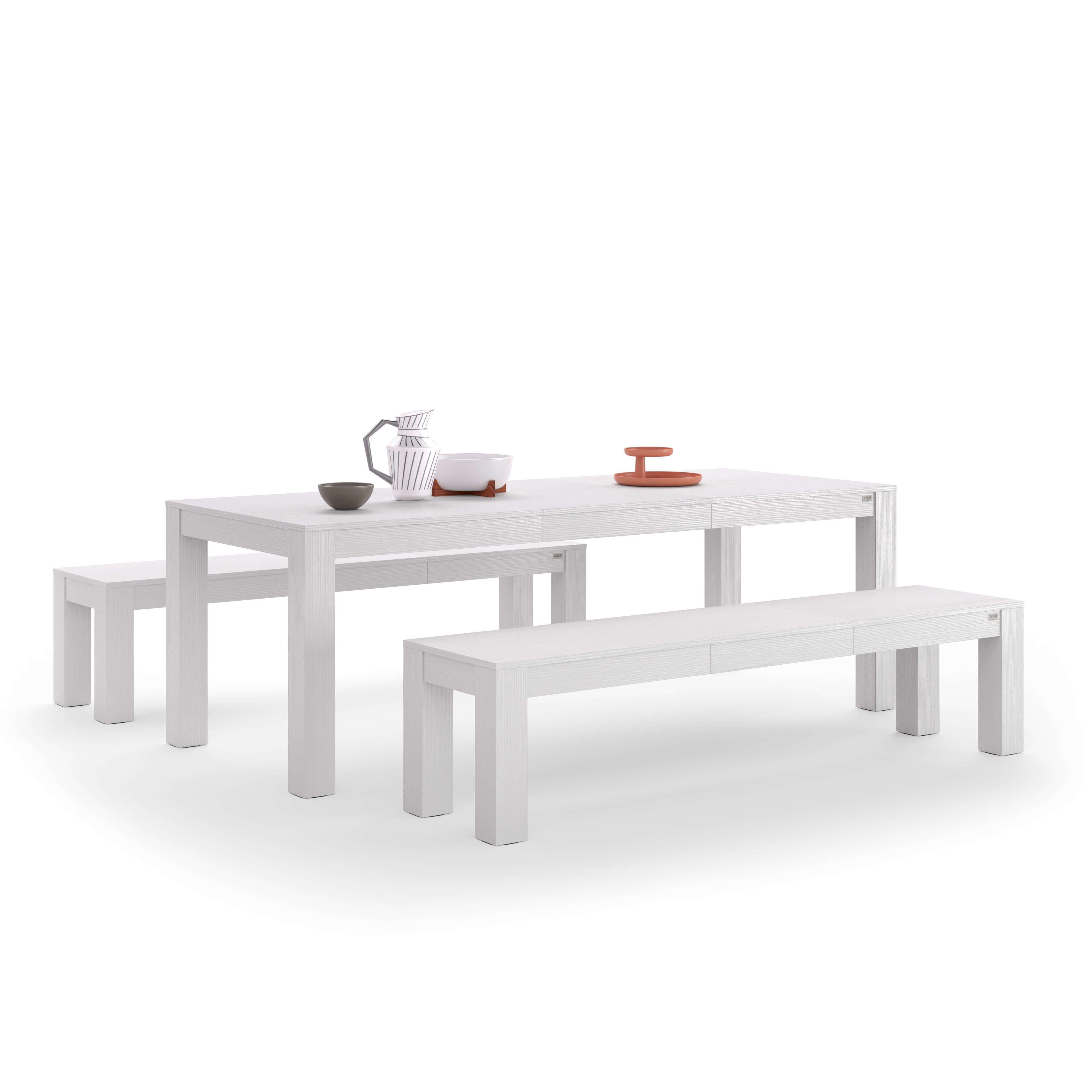 Ausziehbarer Tisch Rachele 160(225)x90 cm + 2 ausziehbare Bänke Rachele 140(192,5)x45 cm, Esche Weiß