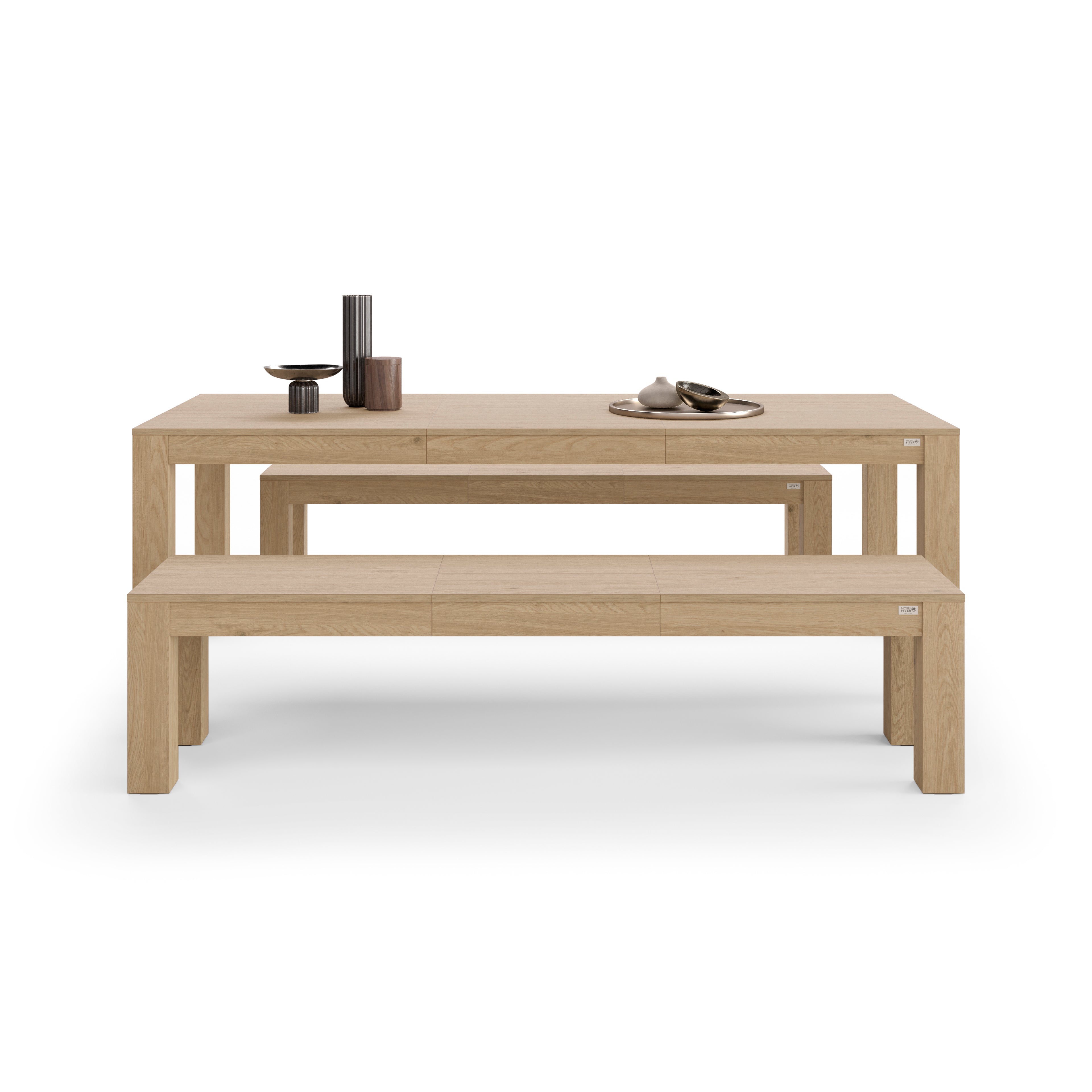Ausziehbarer Tisch Rachele 160(225)x90 cm + 2 ausziehbare Bänke Rachele 140(192,5)x45 cm, Wildeiche