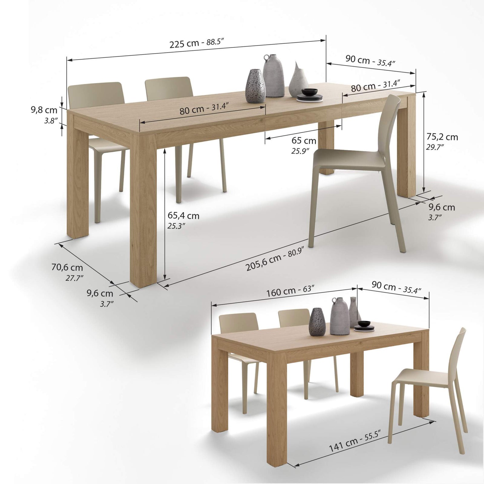 Ausziehbarer Tisch Rachele 160(225)x90 cm + 2 ausziehbare Bänke Rachele 140(192,5)x45 cm, Wildeiche - Immagine tecnica 1