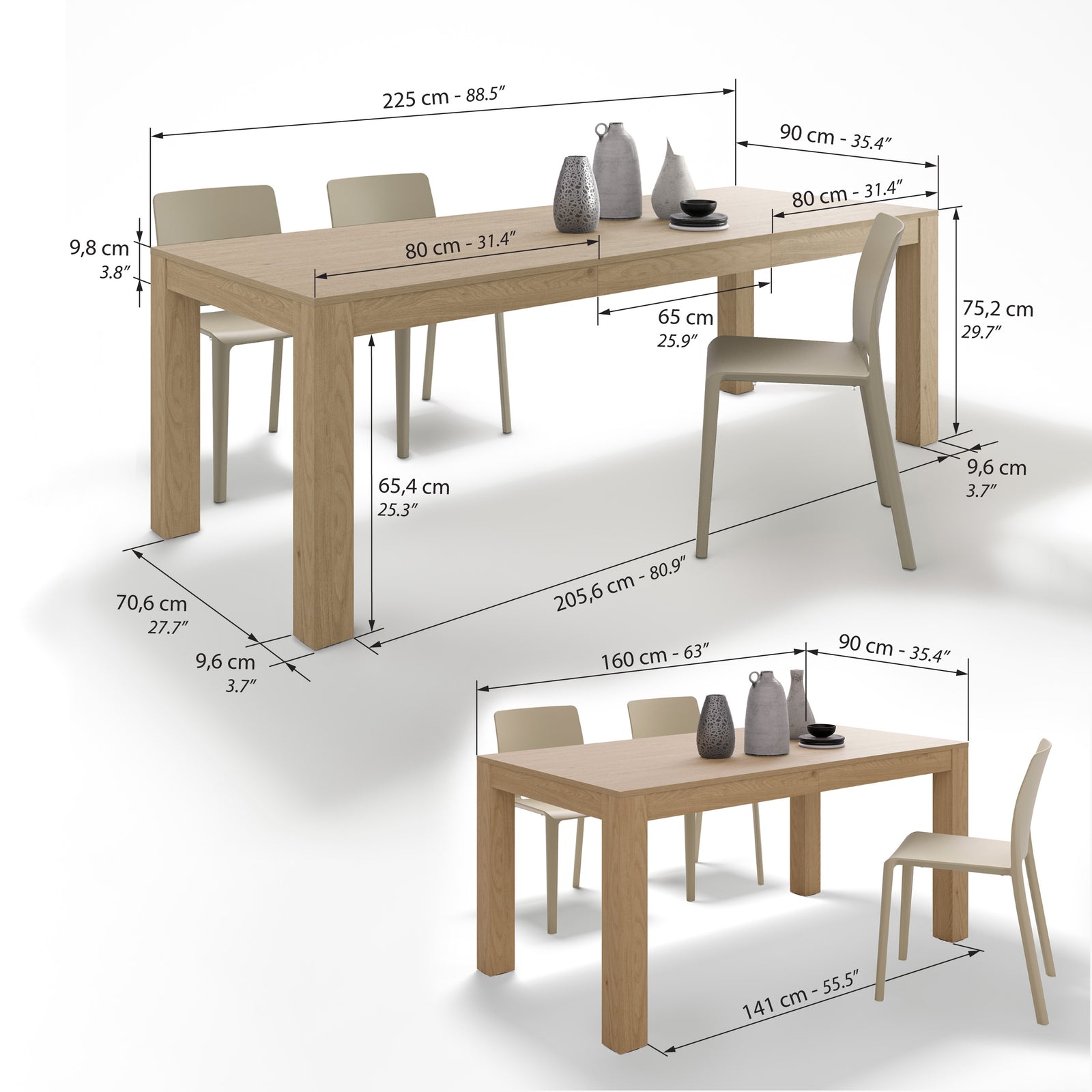 Table extensible Rachele 160(225)x90 cm + 2 bancs extensibles Rachele 140(192,5)x45 cm, Chêne Clair - Immagine tecnica 1