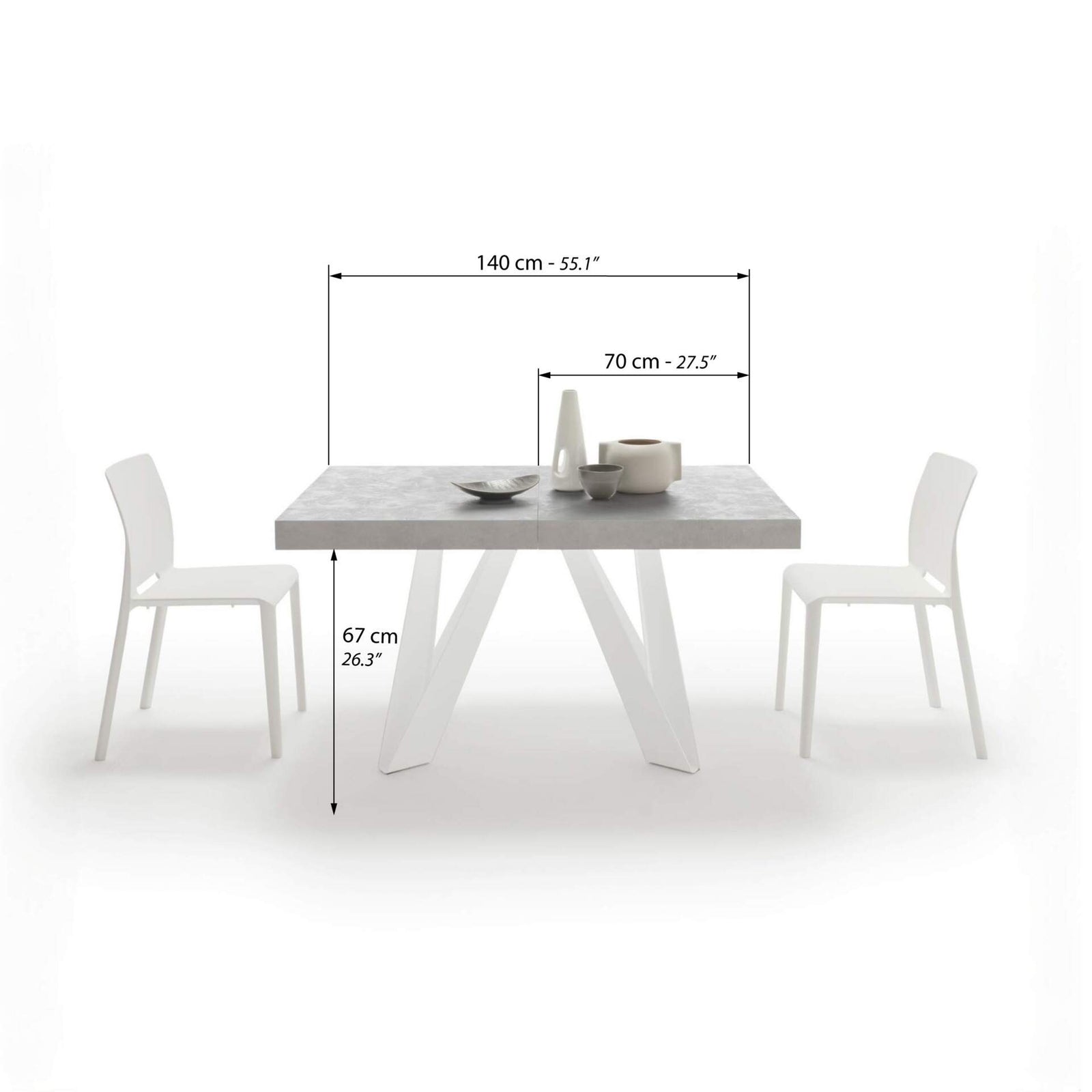 Ausziehbarer Esstisch Romina 140(220)x90 cm, Grauer Beton, Weiße Eisen Beine - Immagine tecnica 1