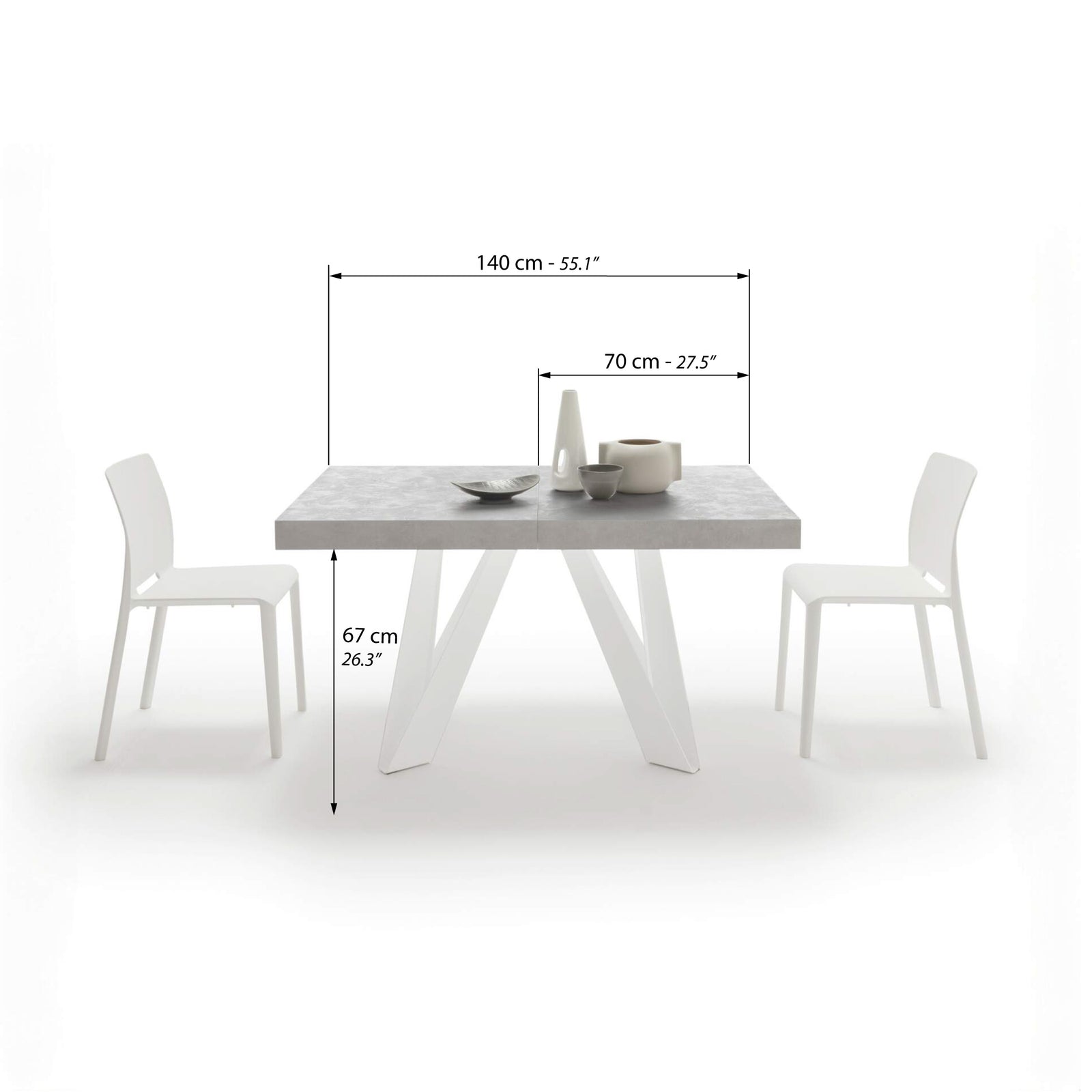 Table Extensible Romina 140 (220) X 90 cm, Gris Béton Avec Pieds en Fer Blanc - Immagine tecnica 1