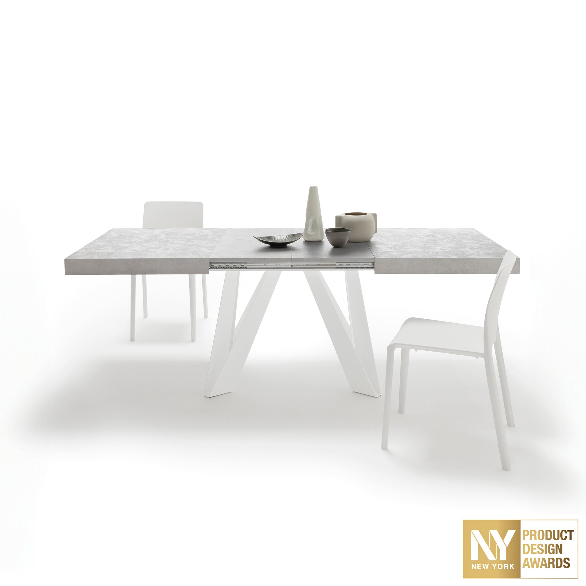 Ausziehbarer Esstisch Romina 140(220)x90 cm, Grauer Beton, Weiße Eisen Beine