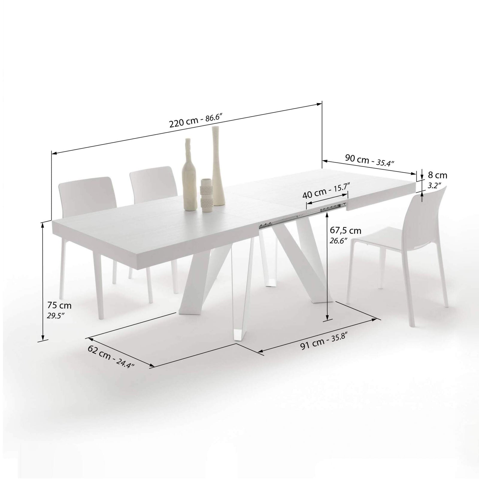 Ausziehbarer Esstisch Romina 140(220)x90 cm, Esche Weiß, Weiße Eisen Beine - Immagine tecnica 2