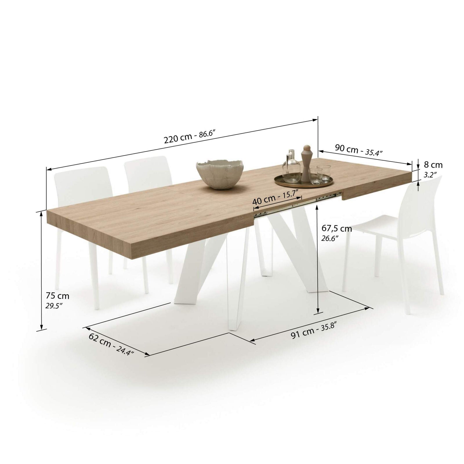 Ausziehbarer Esstisch Romina 140(220)x90 cm, Wildeiche, Weiße Eisen Beine - Immagine tecnica 2