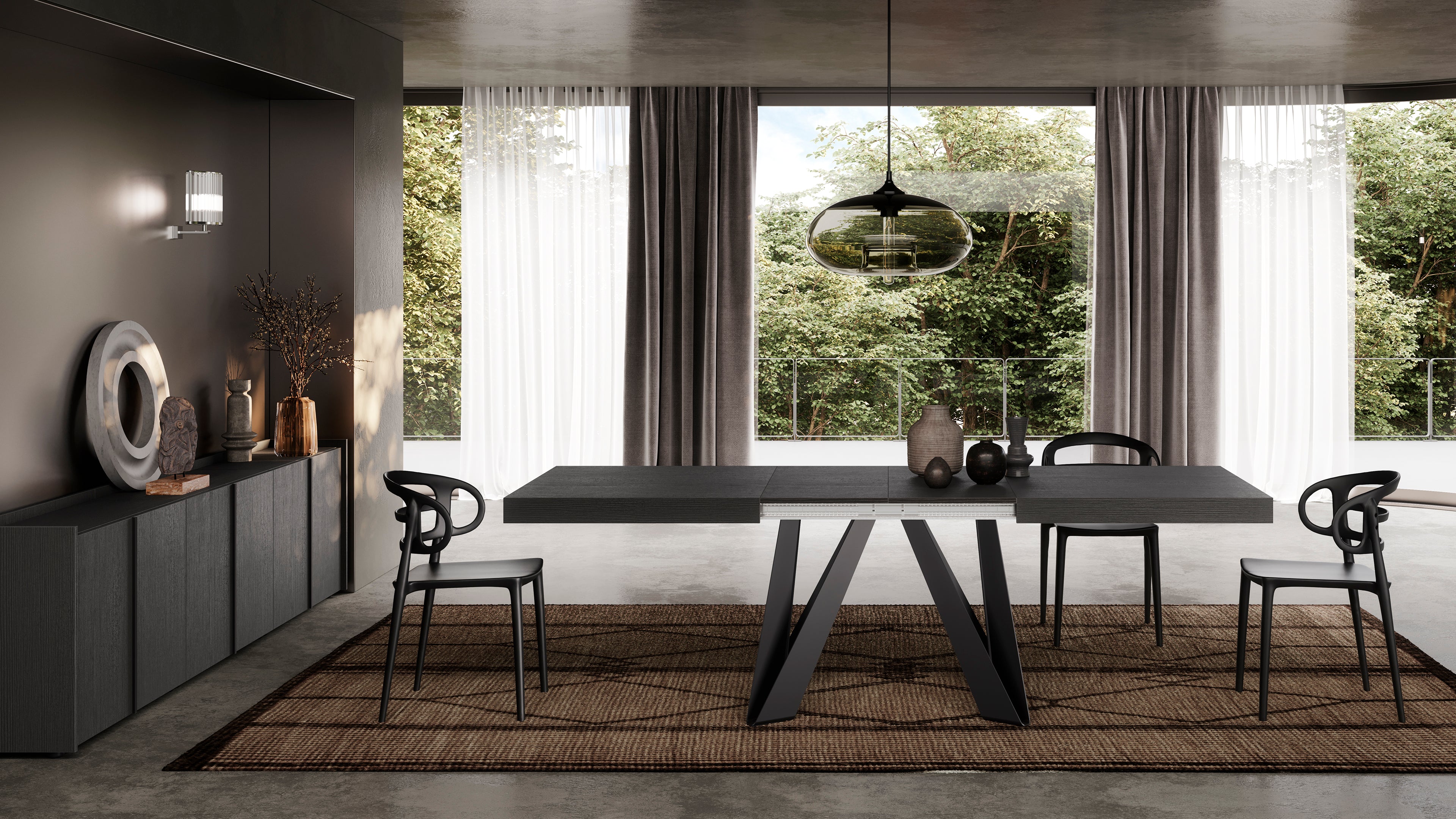 Ausziehbarer Esstisch Romina 140(220)x90 cm, Esche Schwarz, Schwarze Eisen Beine - Set image 2