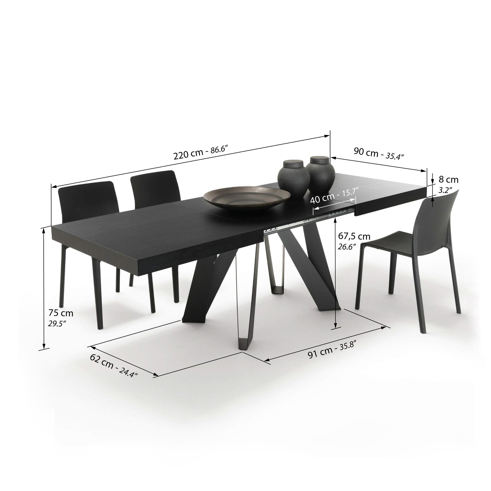 Ausziehbarer Esstisch Romina 140(220)x90 cm, Esche Schwarz, Schwarze Eisen Beine - Immagine tecnica 2