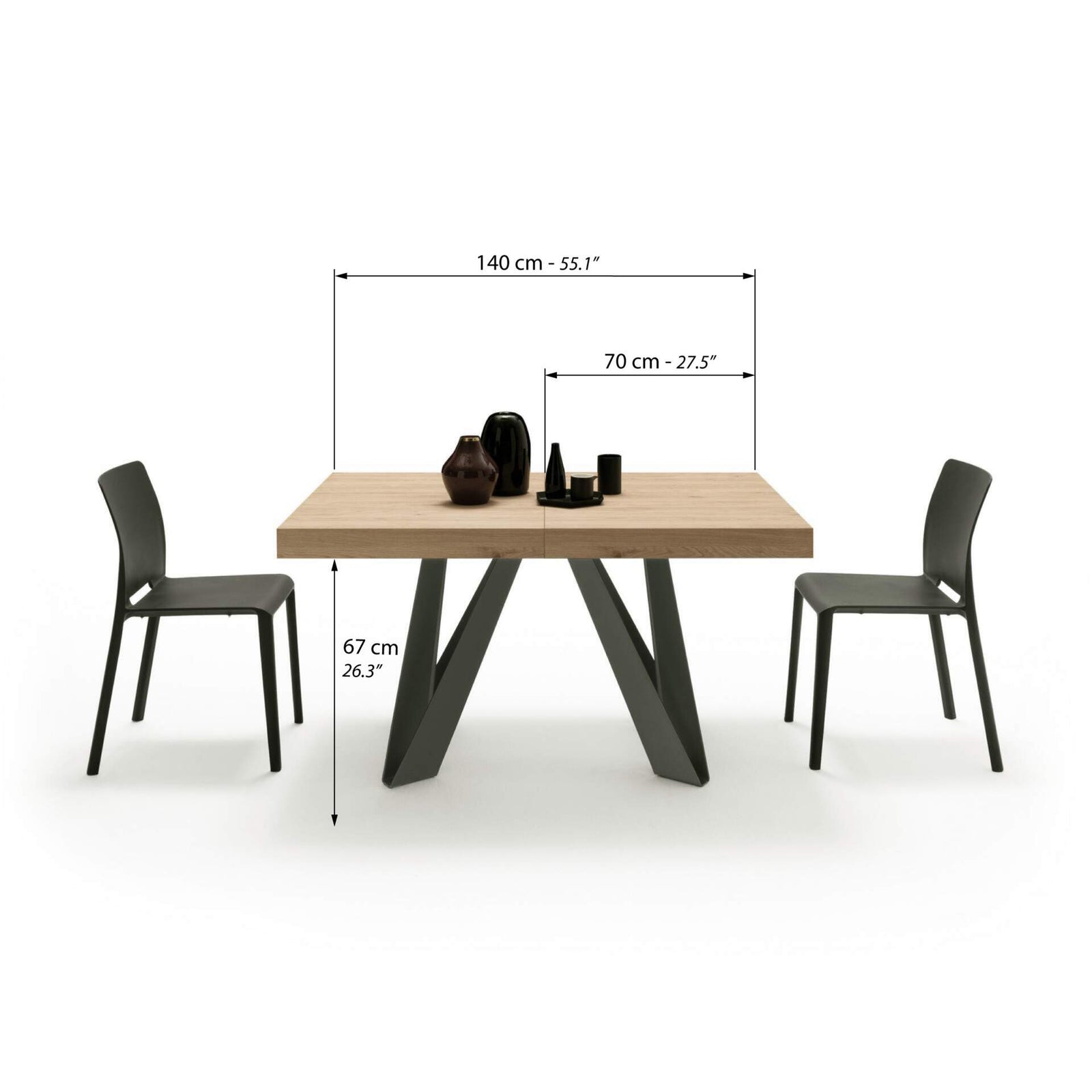 Ausziehbarer Esstisch Romina 140(220)x90 cm, Wildeiche, Schwarze Eisen Beine - Immagine tecnica 1