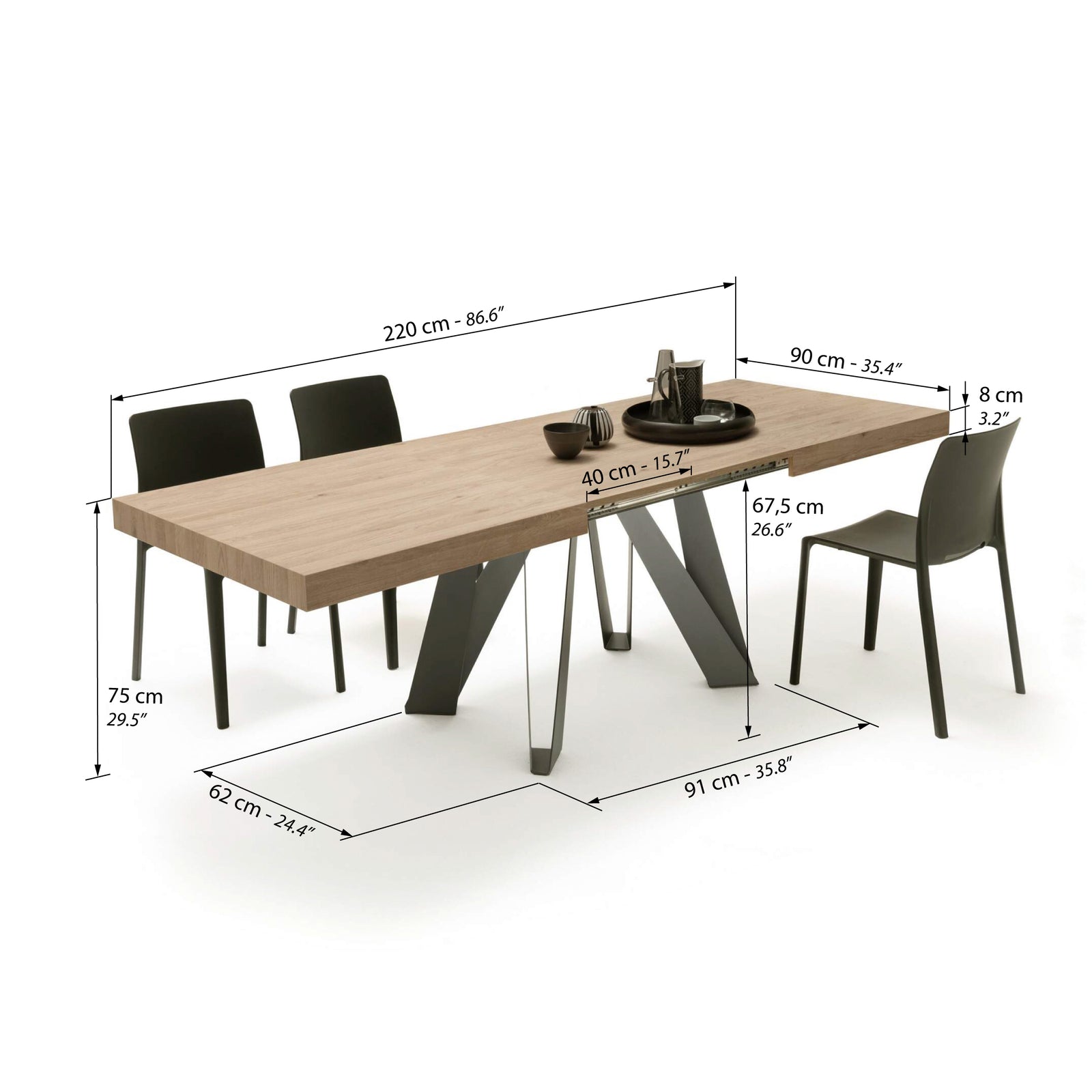 Romina Extendable Table 140(220)x90 cm, Light Oak with Black Iron Legs - Immagine tecnica 2