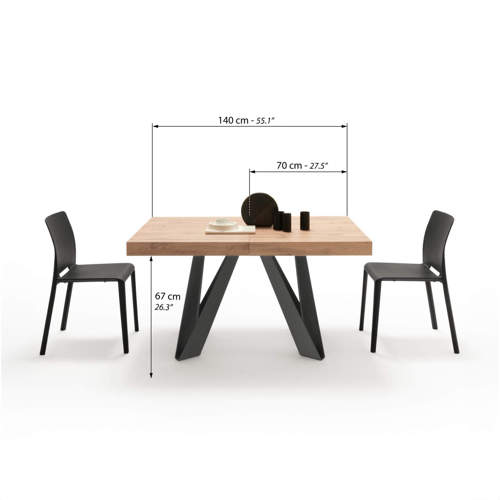 Ausziehbarer Esstisch Romina 140(220)x90 cm, Rustikale Eiche, Schwarze Eisen Beine - Immagine tecnica 1