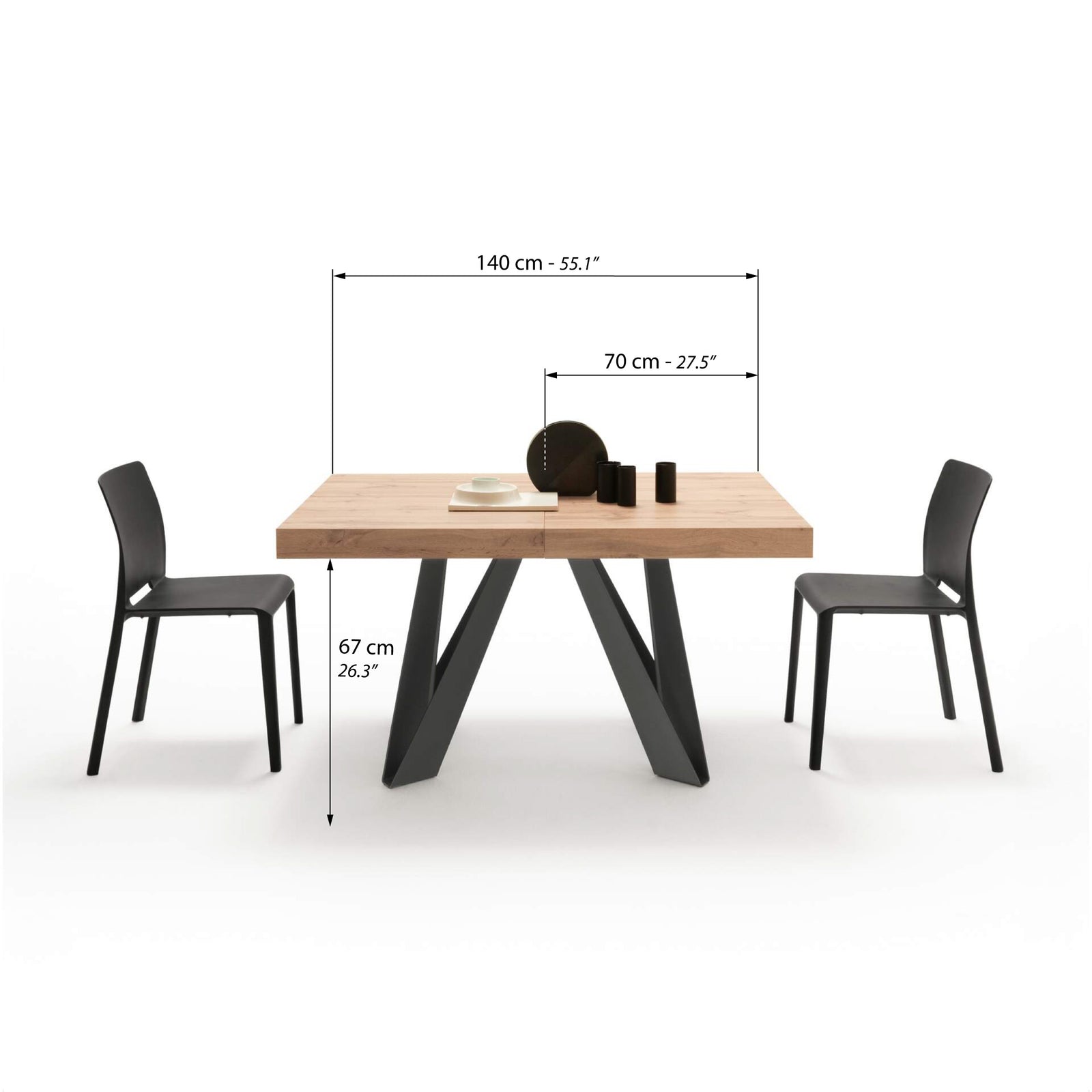 Table Extensible Romina 140 (220) X 90 cm, Bois Rustique Avec Pieds en Fer Noir - Immagine tecnica 1