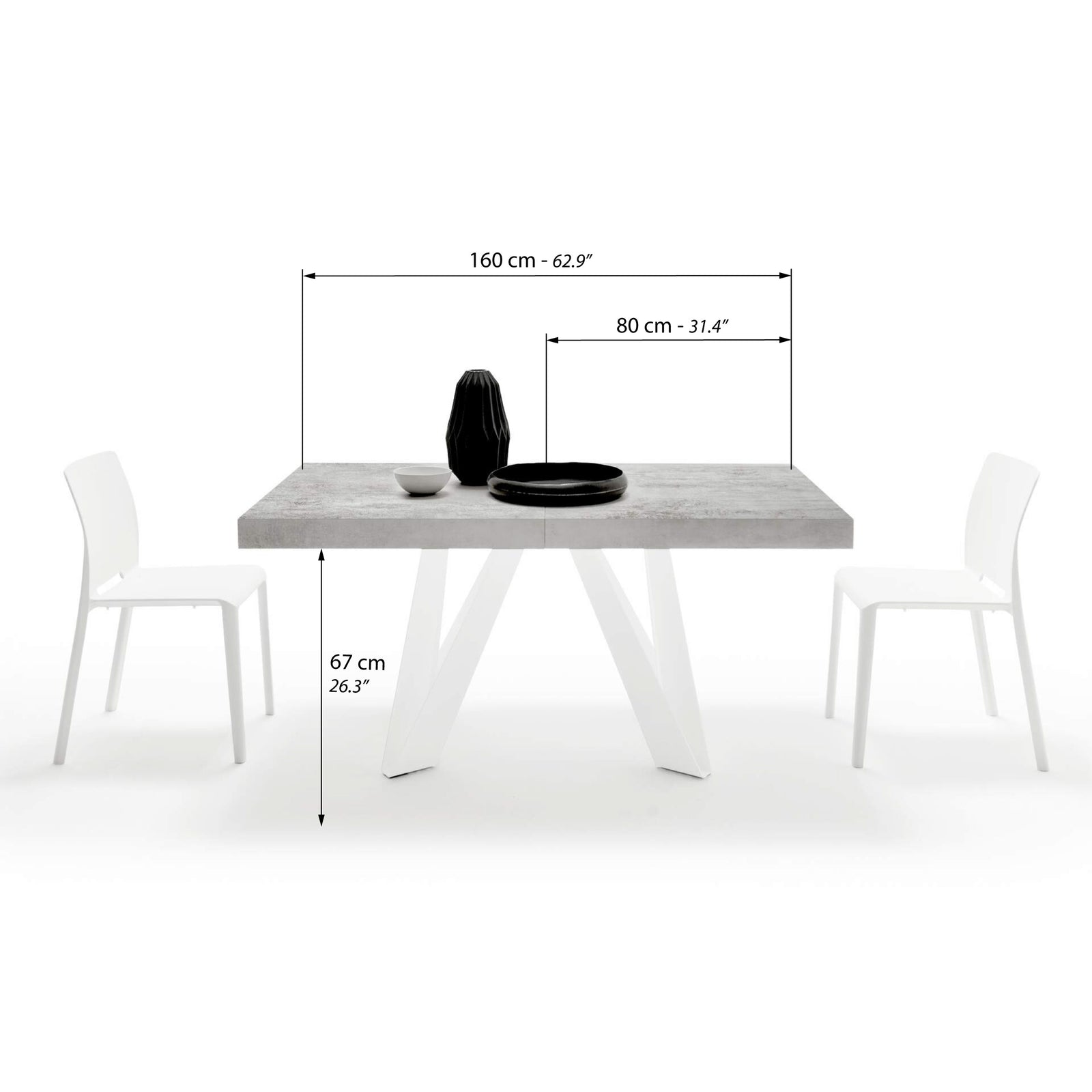 Romina Extendable Table 160(240)x90 cm, Concrete Grey Effect with White Iron Legs - Immagine tecnica 1