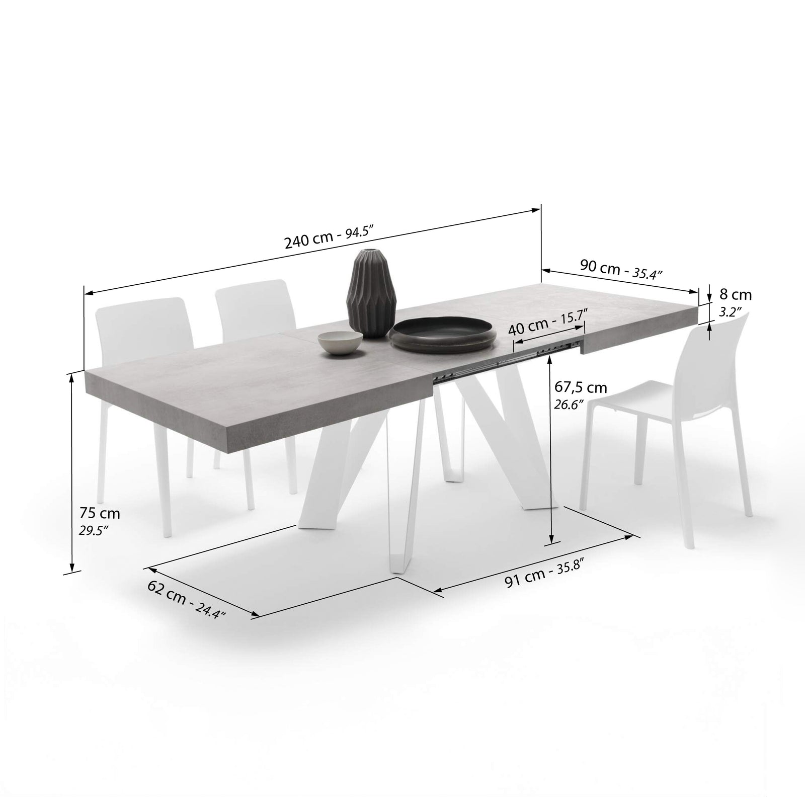 Romina Extendable Table 160(240)x90 cm, Concrete Grey Effect with White Iron Legs - Immagine tecnica 2