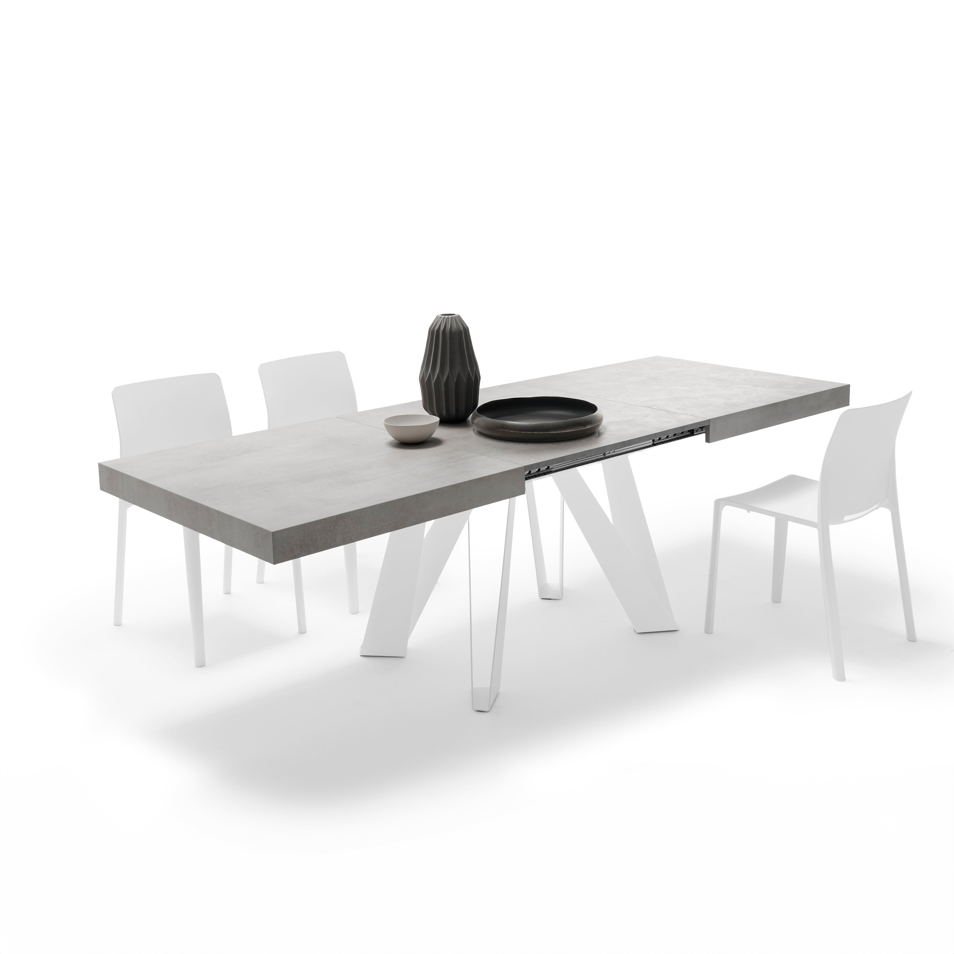 Ausziehbarer Esstisch Romina 160(240)x90 cm, Grauer Beton, Weiße Eisen Beine