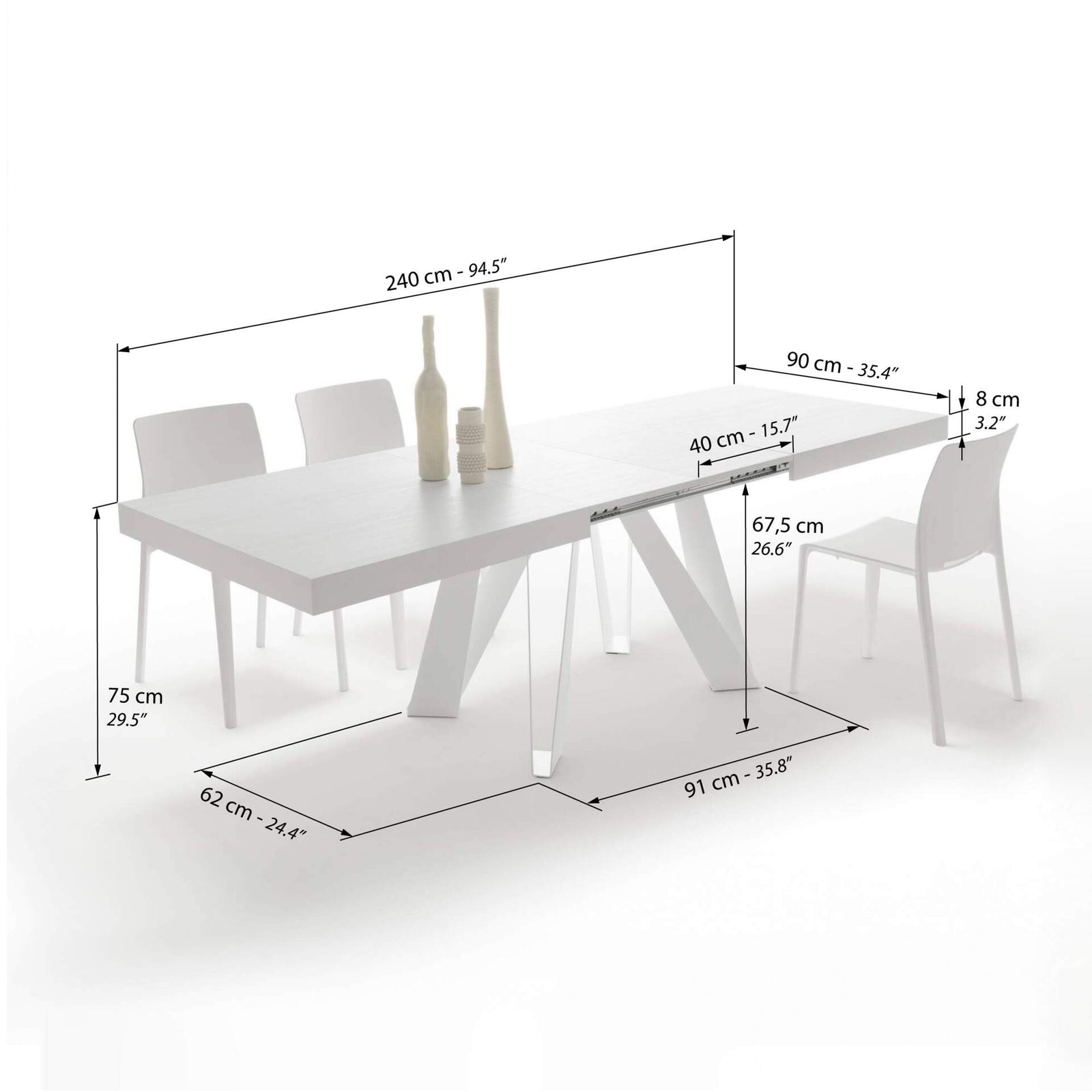 Tavolo Allungabile Romina 160(240)x90 cm, Bianco Frassino con Gambe in Ferro Bianche - Immagine tecnica 2