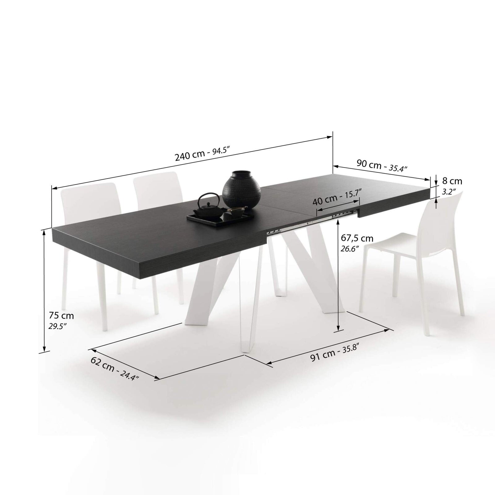 Romina Extendable Table 160(240)x90 cm, Ashwood Black with White Iron Legs - Immagine tecnica 2
