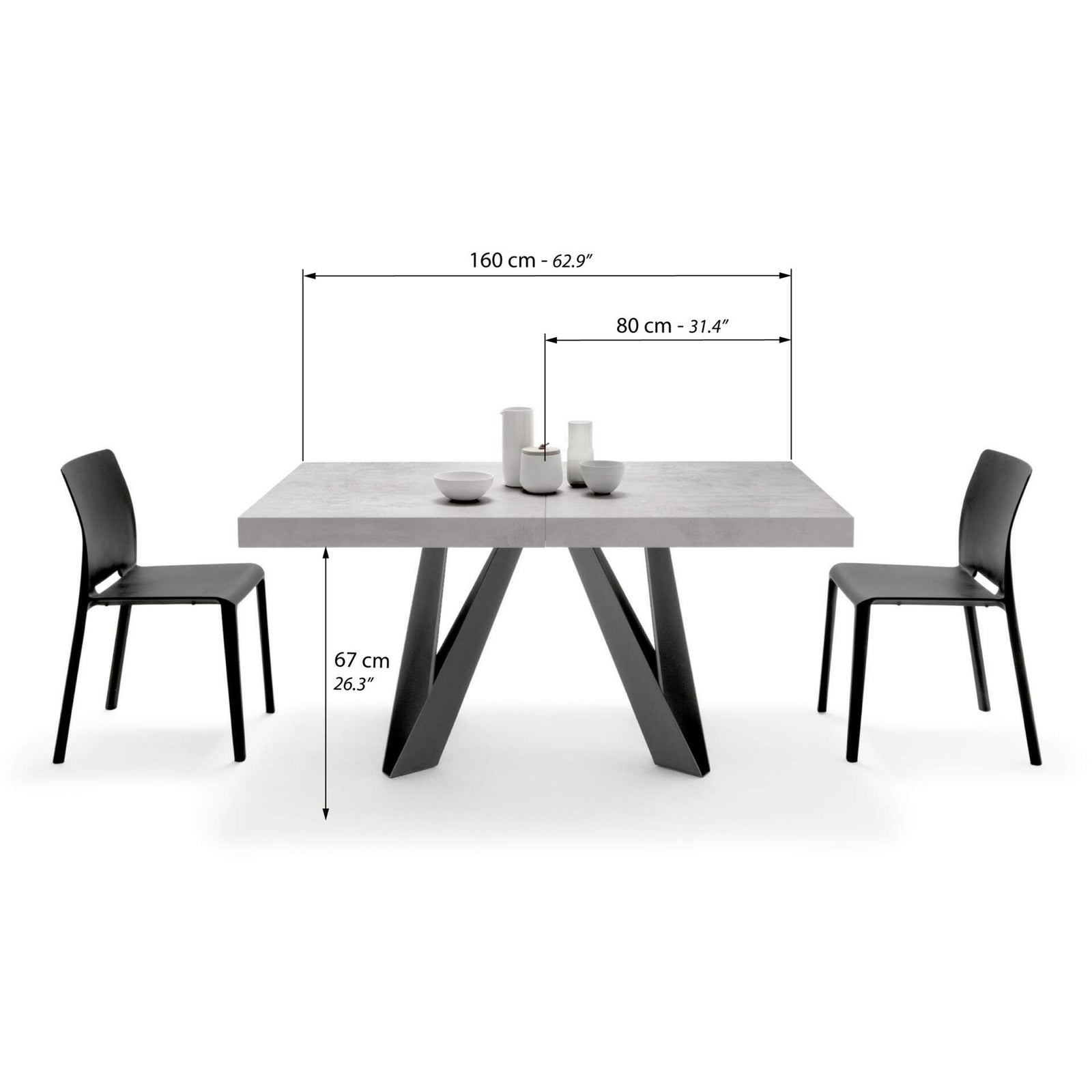 Mesa Extensible Romina 160(240)x90cm, Cemento Gris con Patas en Hierro Negro - Immagine tecnica 1