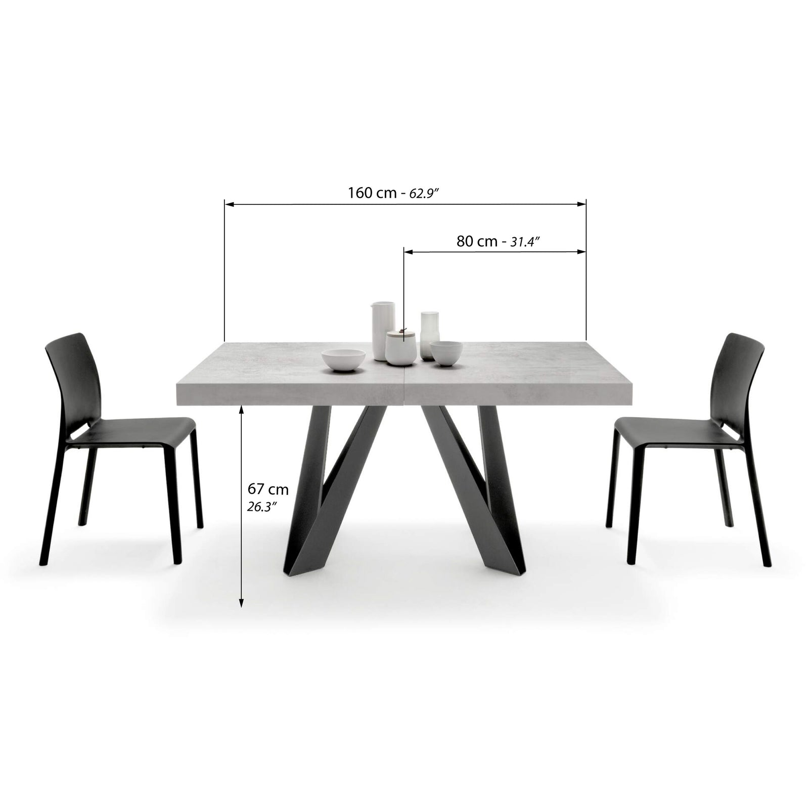 Ausziehbarer Esstisch Romina 160(240)x90 cm, Grauer Beton, Schwarze Eisen Beine - Immagine tecnica 1