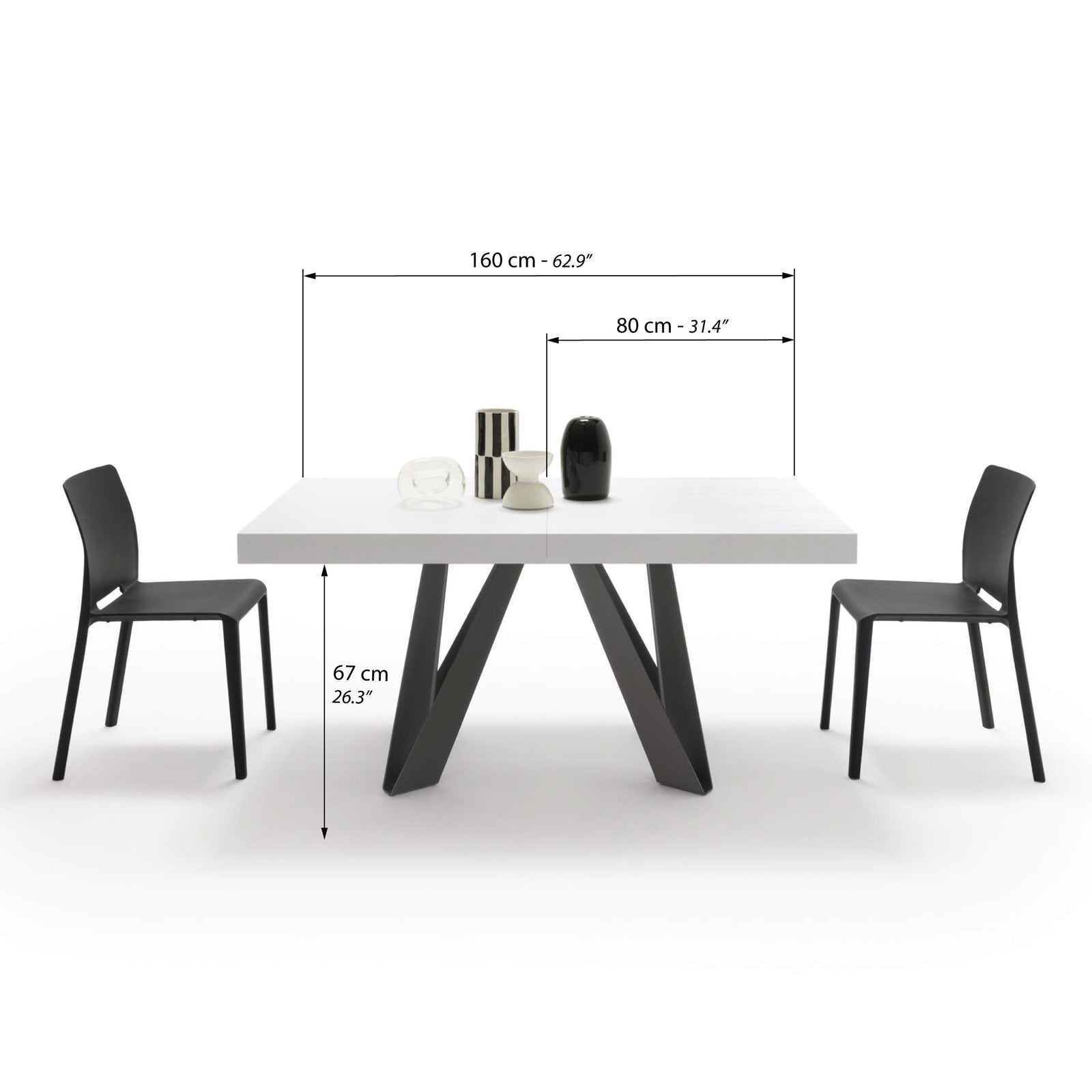 Ausziehbarer Esstisch Romina 160(240)x90 cm, Esche Weiß, Schwarze Eisen Beine - Immagine tecnica 1