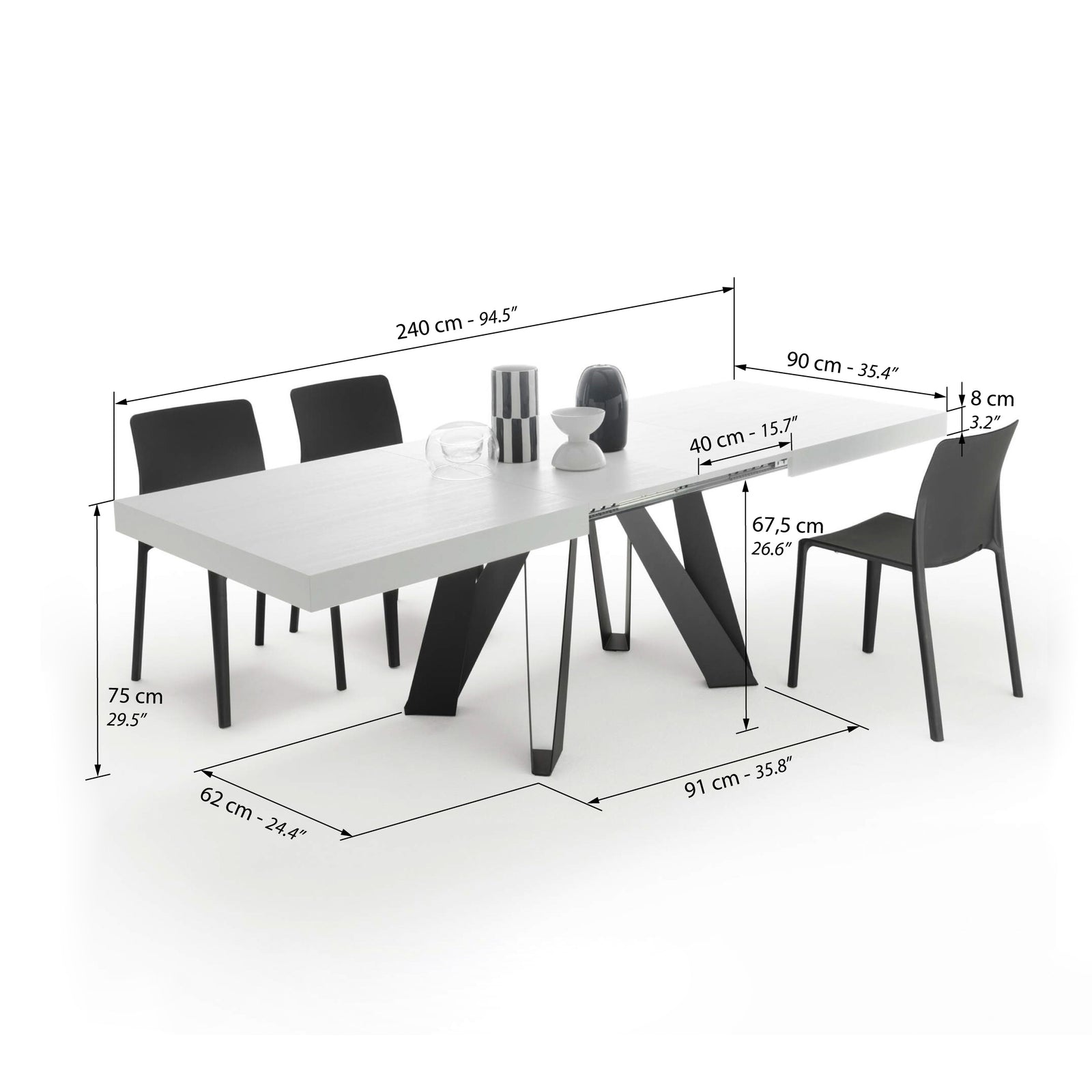 Ausziehbarer Esstisch Romina 160(240)x90 cm, Esche Weiß, Schwarze Eisen Beine - Immagine tecnica 2