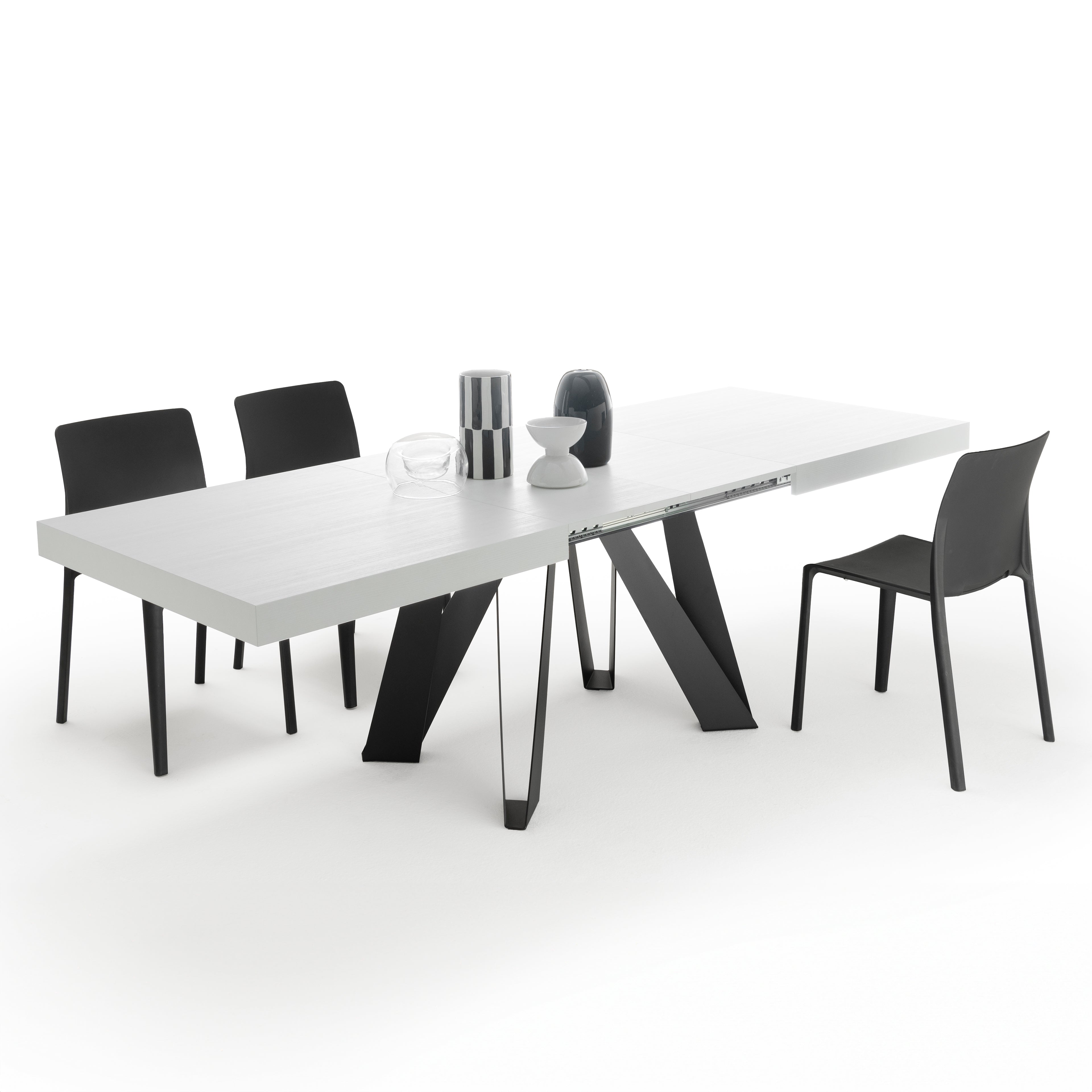 Ausziehbarer Esstisch Romina 160(240)x90 cm, Esche Weiß, Schwarze Eisen Beine