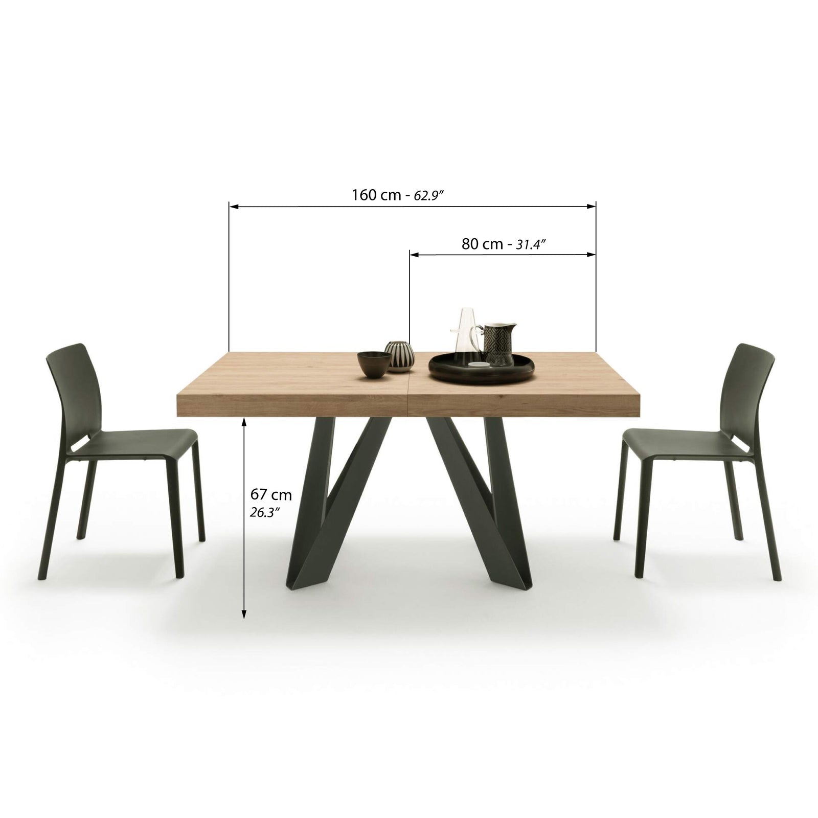 Ausziehbarer Esstisch Romina 160(240)x90 cm, Wildeiche, Schwarze Eisen Beine - Immagine tecnica 1