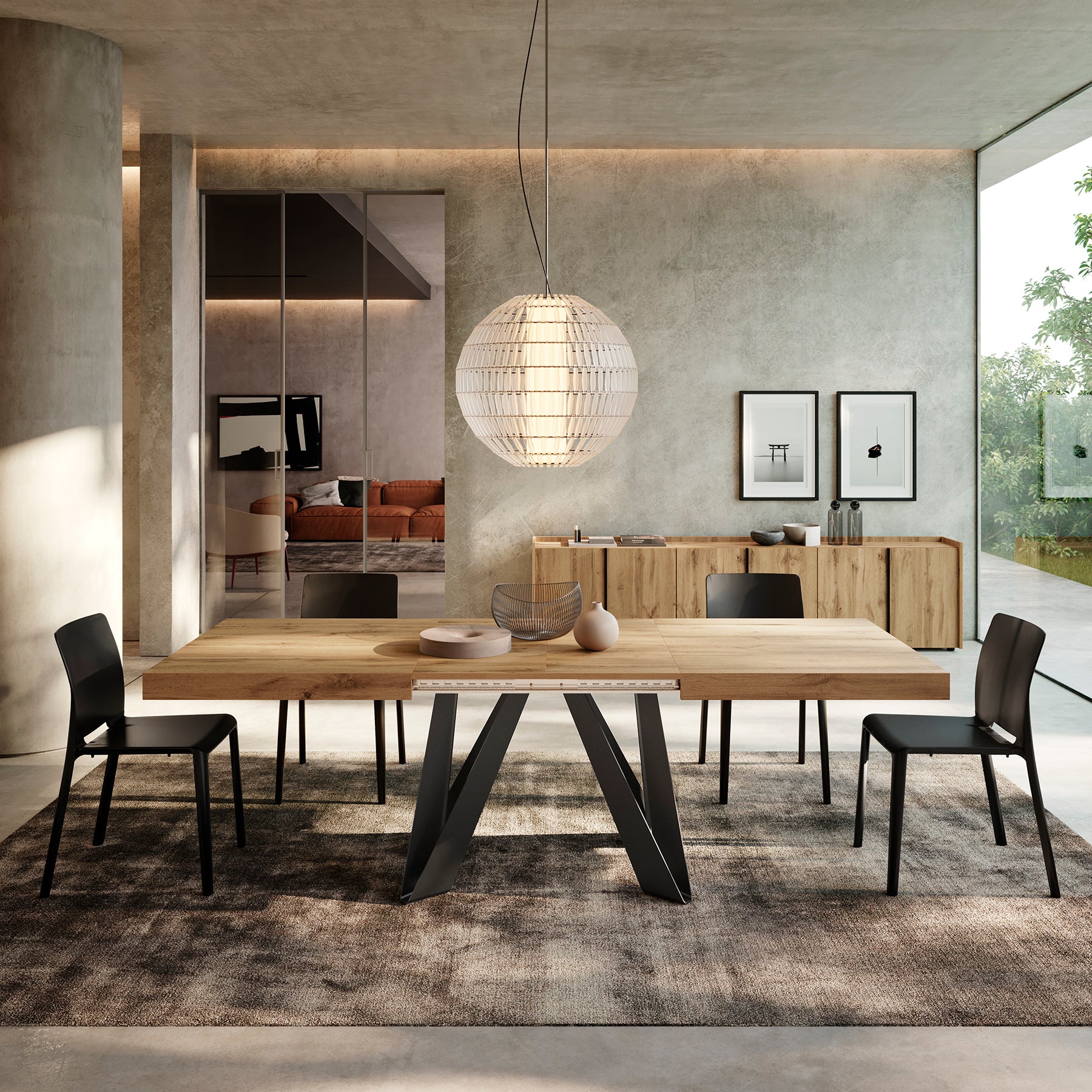 Romina Extendable Table 63(94.5)x35.4 in, Rustic Oak with Black Iron Legs - Detail image 5