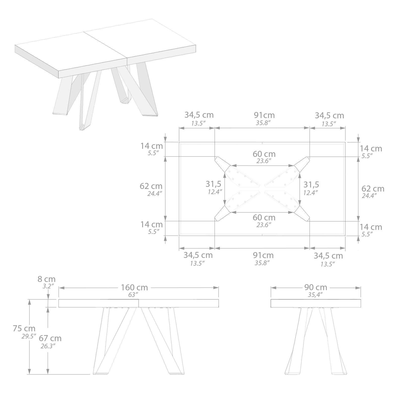 Tavolo Allungabile Romina 160(240)x90 cm, Rovere Rustico con Gambe in Ferro Bianche - Immagine tecnica 3