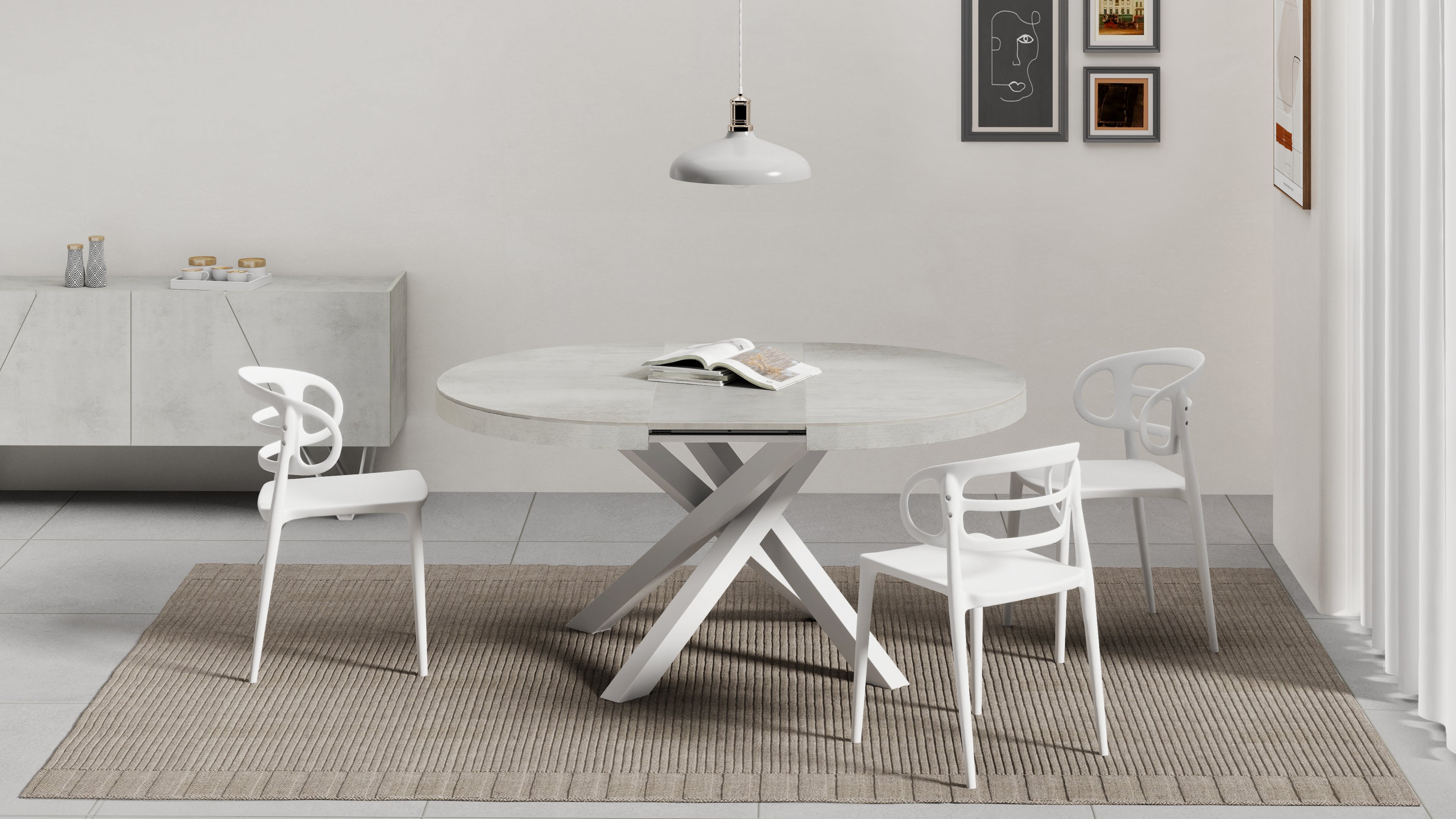 Runder ausziehbarer Tisch Emma, 120-160 cm, Grauer Beton mit gekreuzten Weißen Beinen - Set image 2