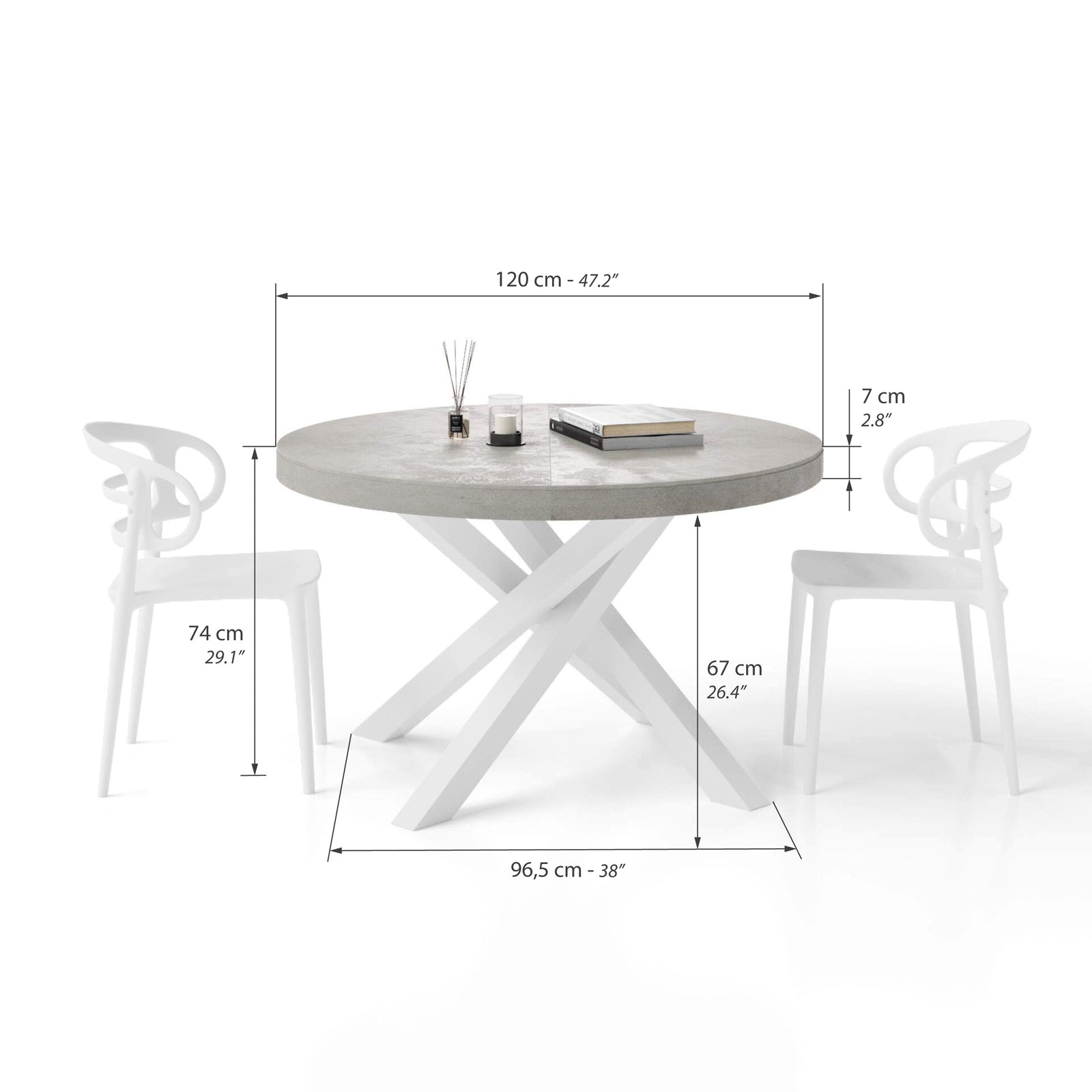 Ronde uitschuifbare Emma eettafel, 120-160 cm, Grijs Beton, met witte gekruiste poten - Immagine tecnica 1