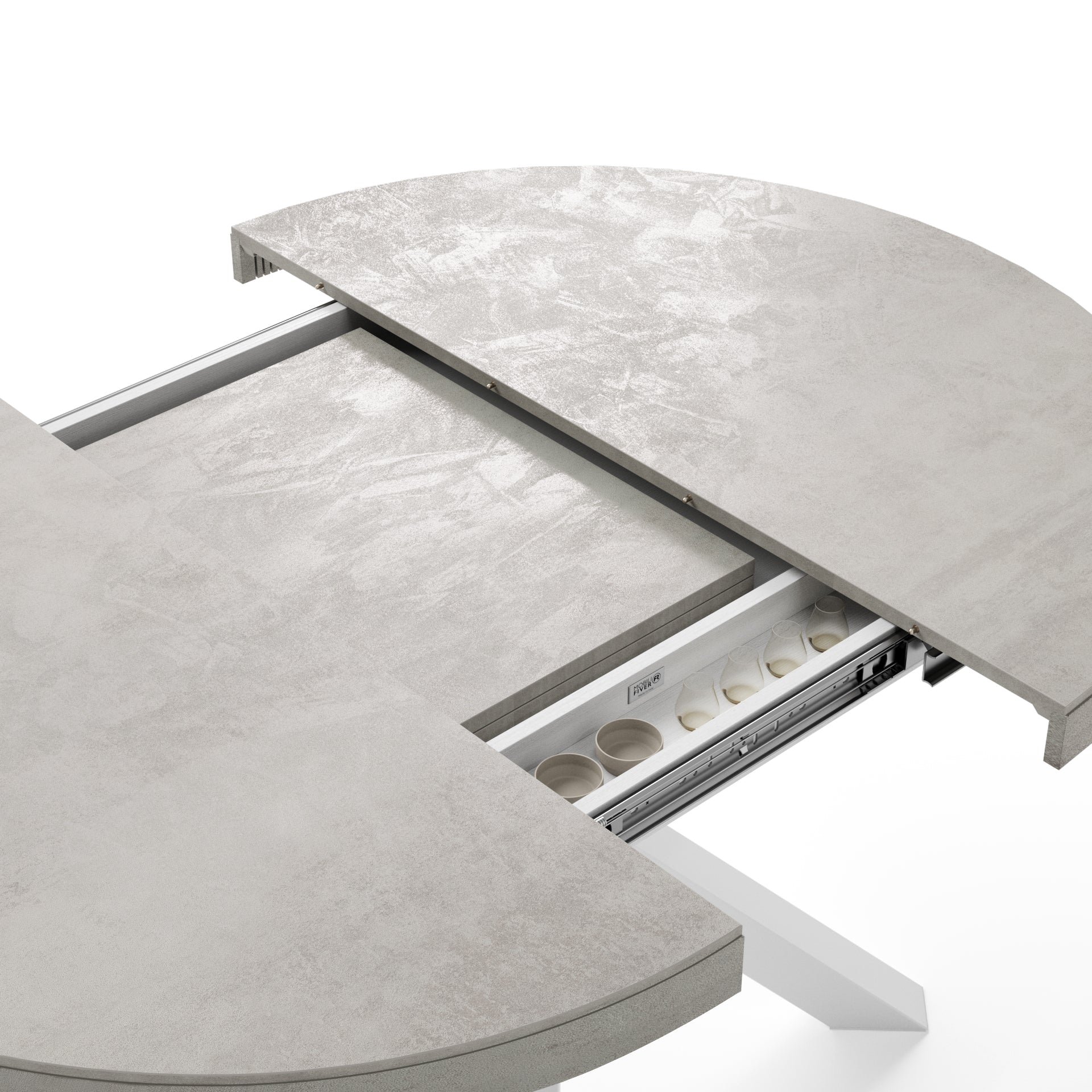 Runder ausziehbarer Tisch Emma, 120-160 cm, Grauer Beton mit gekreuzten Weißen Beinen - Detail image 2
