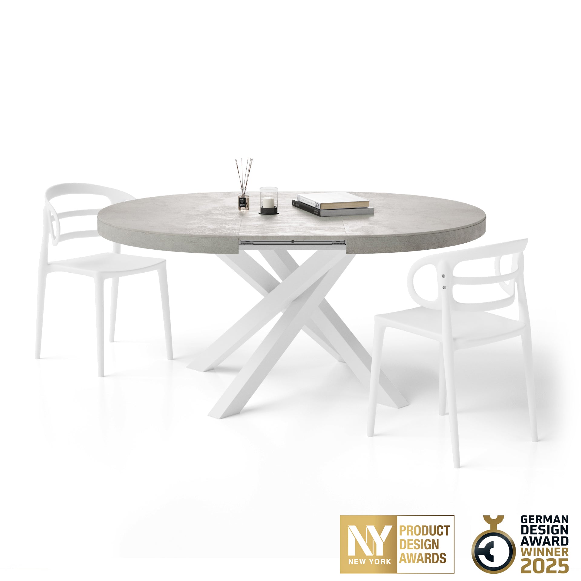 Mesa redonda extensible Emma 120-160 cm en gris cemento con patas cruzadas blancas