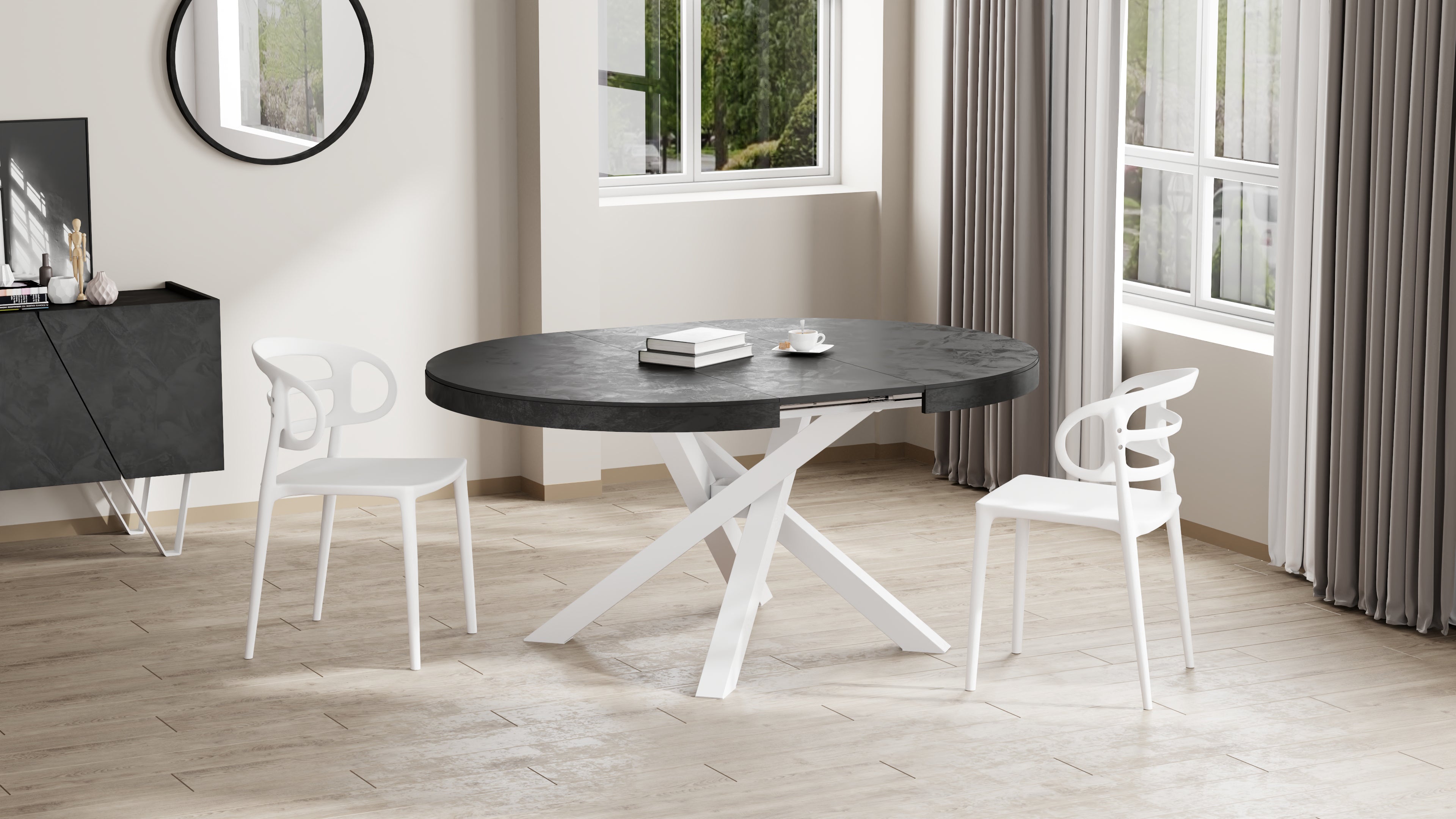 Runder ausziehbarer Tisch Emma, 120-160 cm, Schwarzer Beton mit gekreuzten Weißen Beinen - Set image 3