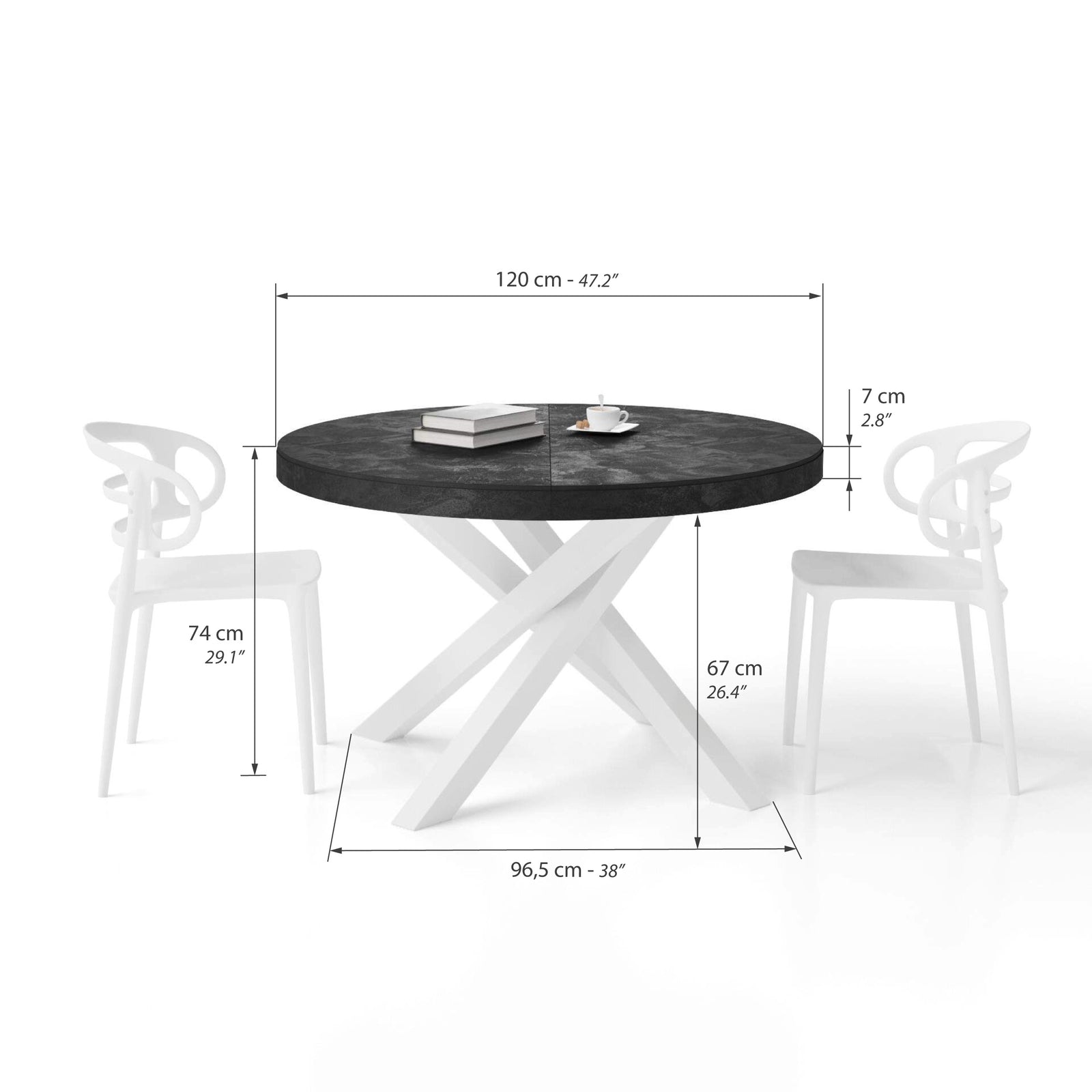 Ronde uitschuifbare Emma eettafel, 120-160 cm, Zwart Beton met witte gekruiste poten - Immagine tecnica 1