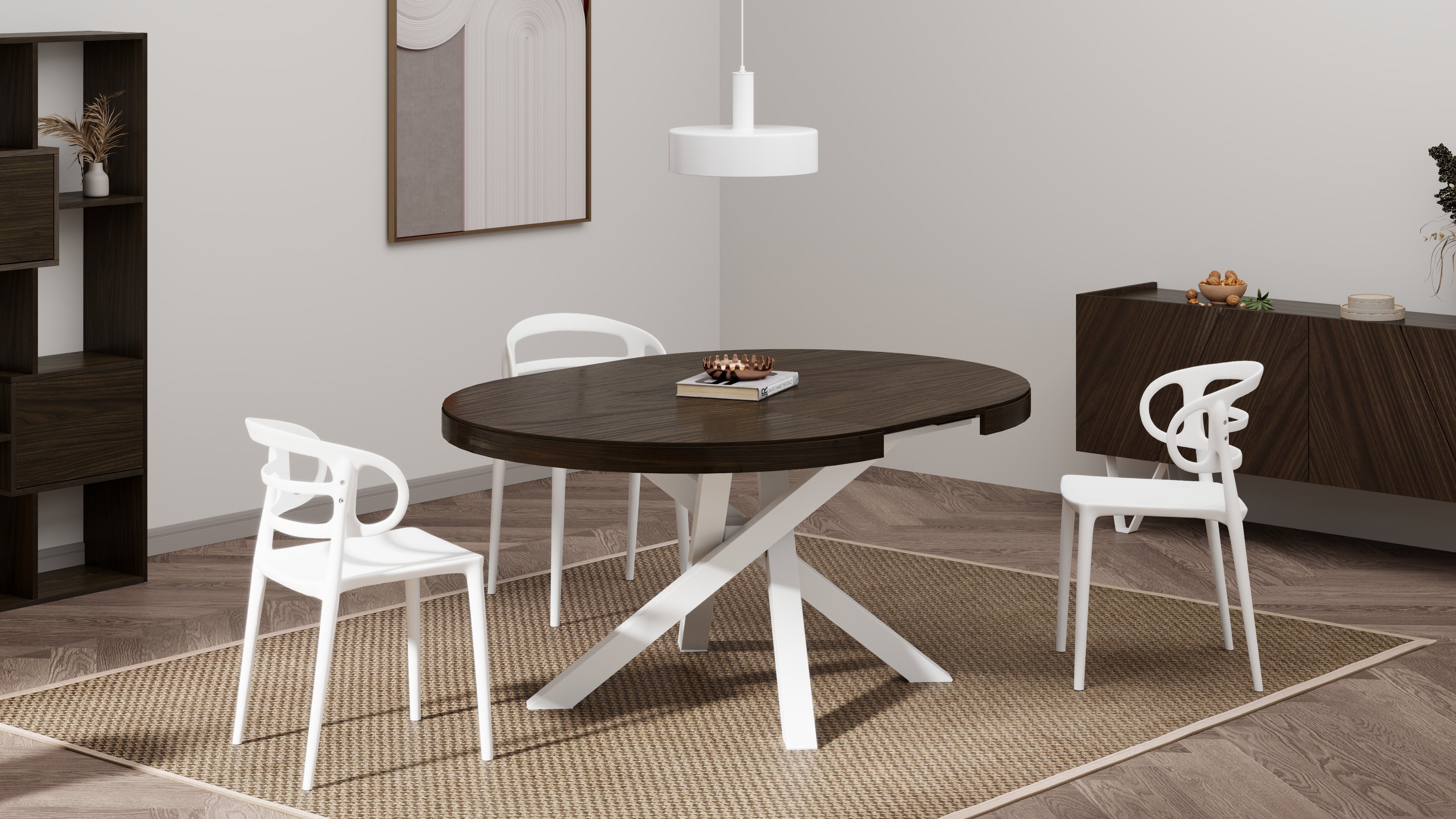 Runder ausziehbarer Tisch Emma, 120-160 cm, Nussbaum Dunkel mit gekreuzten Weißen Beinen - Set image 3