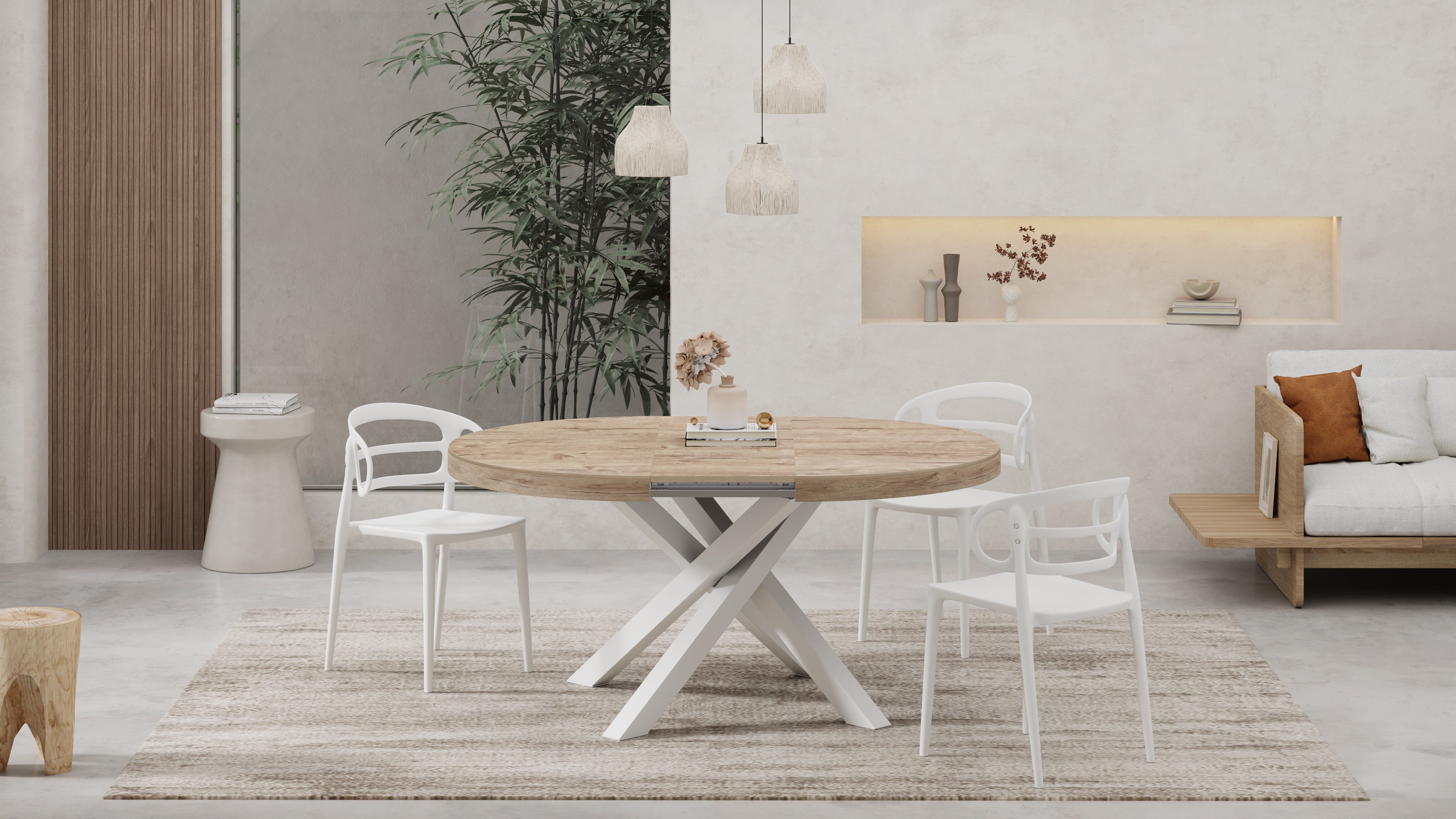 Emma Round Extendable Table, 47.2 - 63 in, Oak with White crossed legs - Set image 4