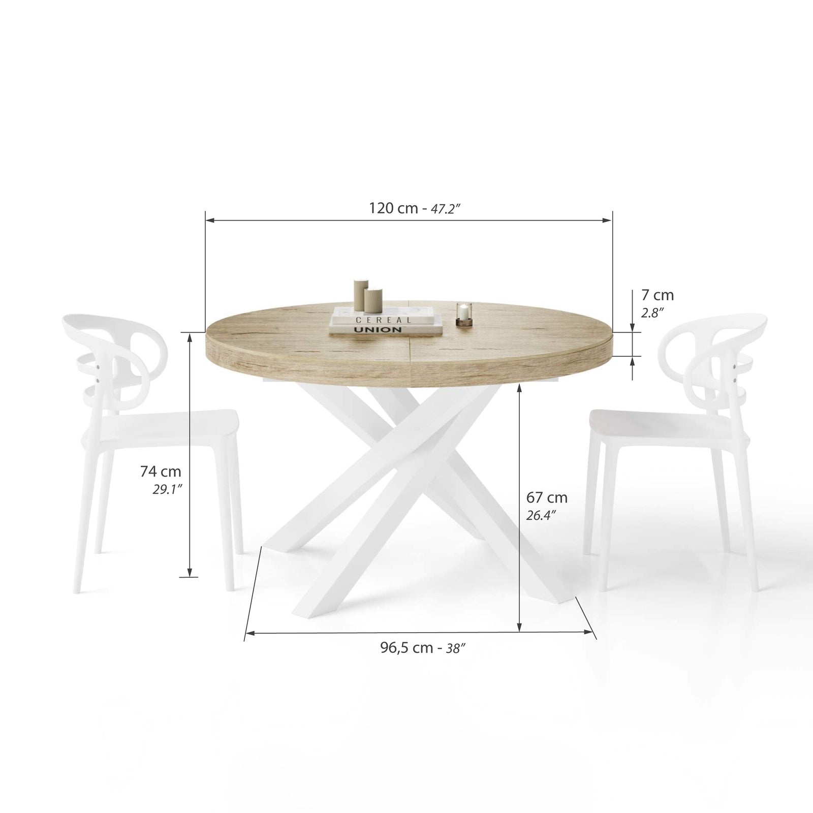 Emma Round Extendable Table, 120-160 cm, Oak with White crossed legs - Immagine tecnica 1